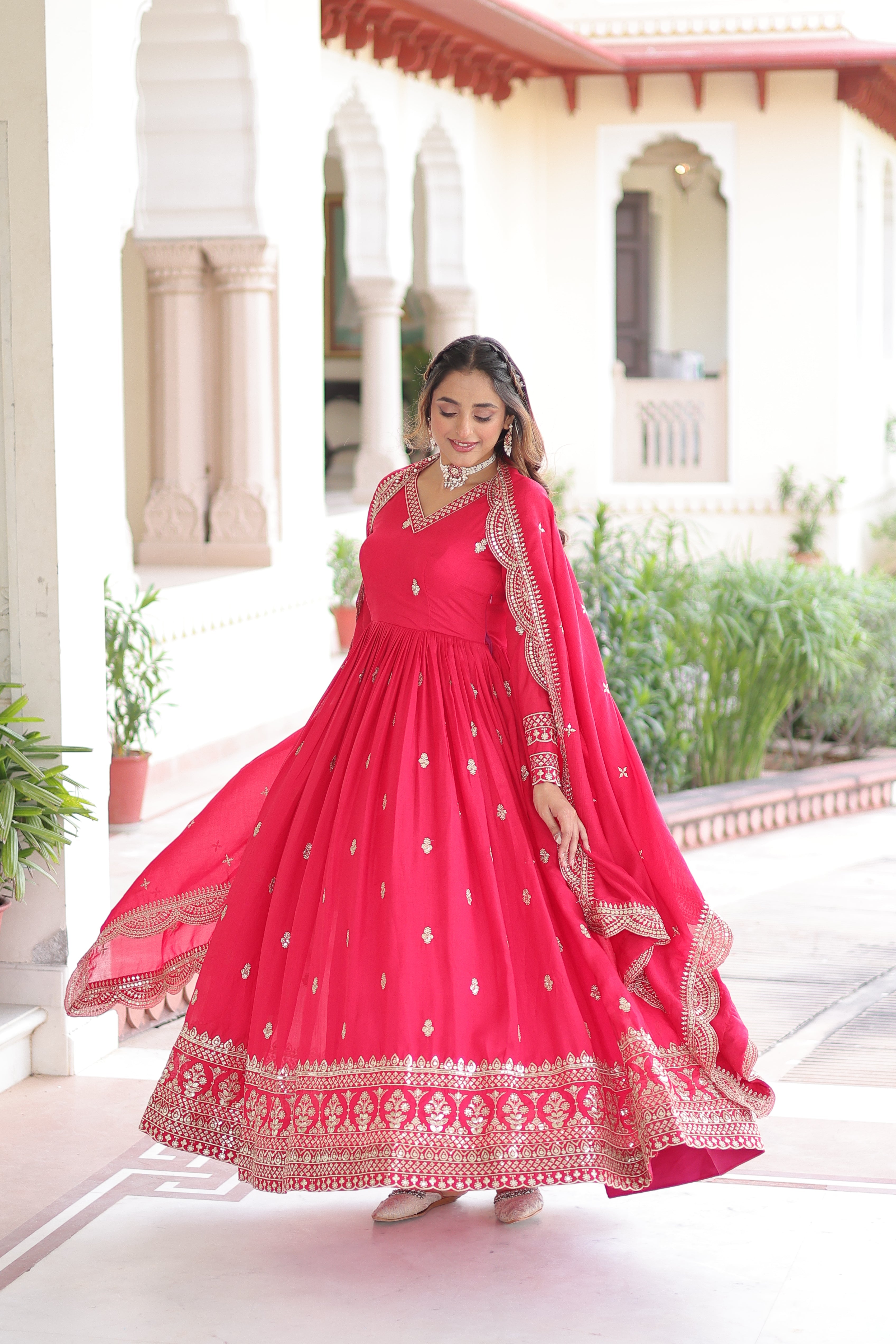 Sivi pink Vichitra silk gown with sequins zari embroidered work and dupatta