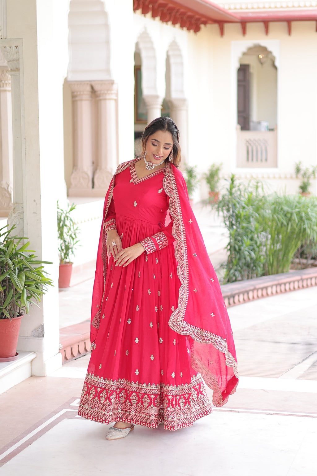 Sivi pink Vichitra silk gown with sequins zari embroidered work and dupatta