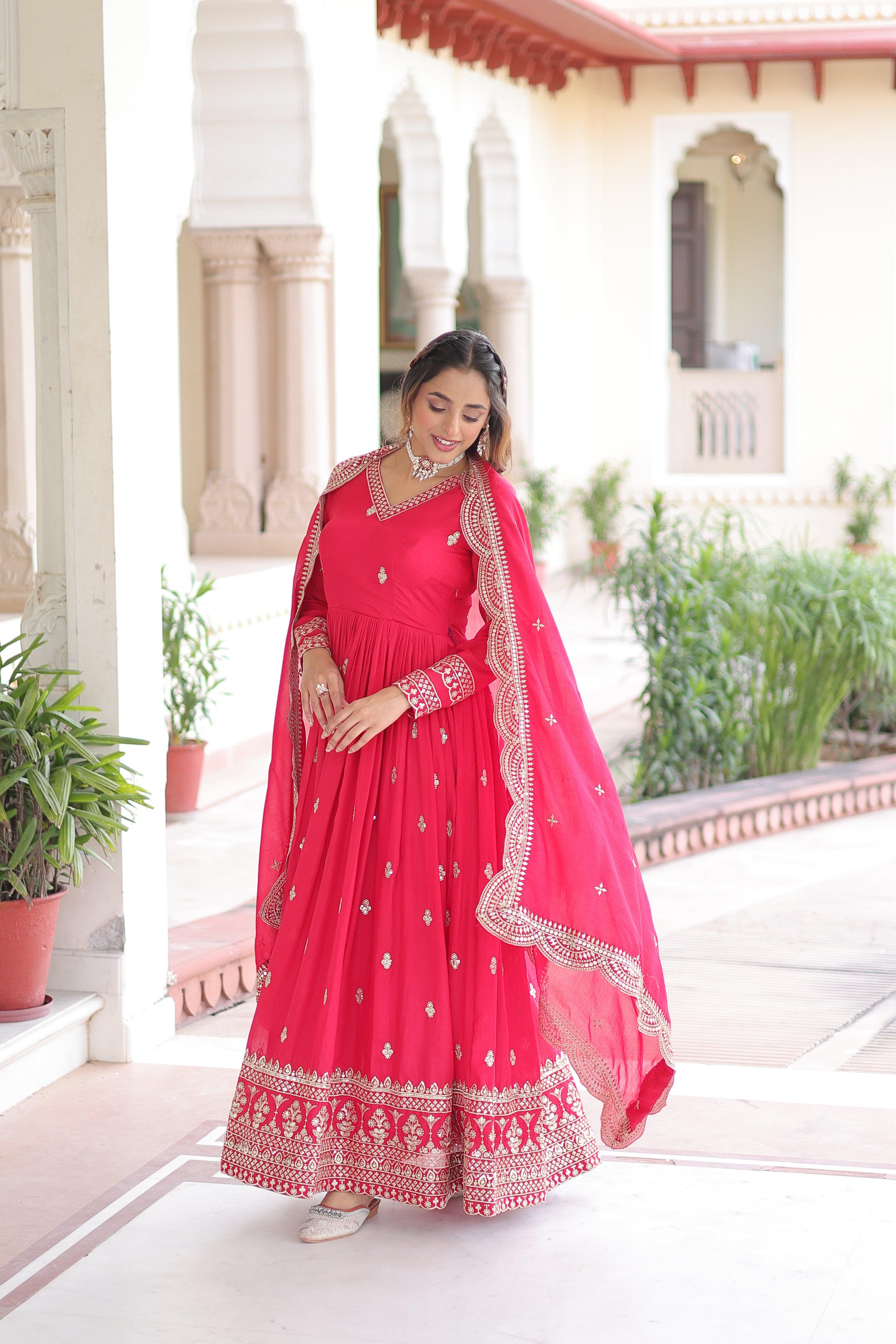 Sivi pink Vichitra silk gown with sequins zari embroidered work and dupatta