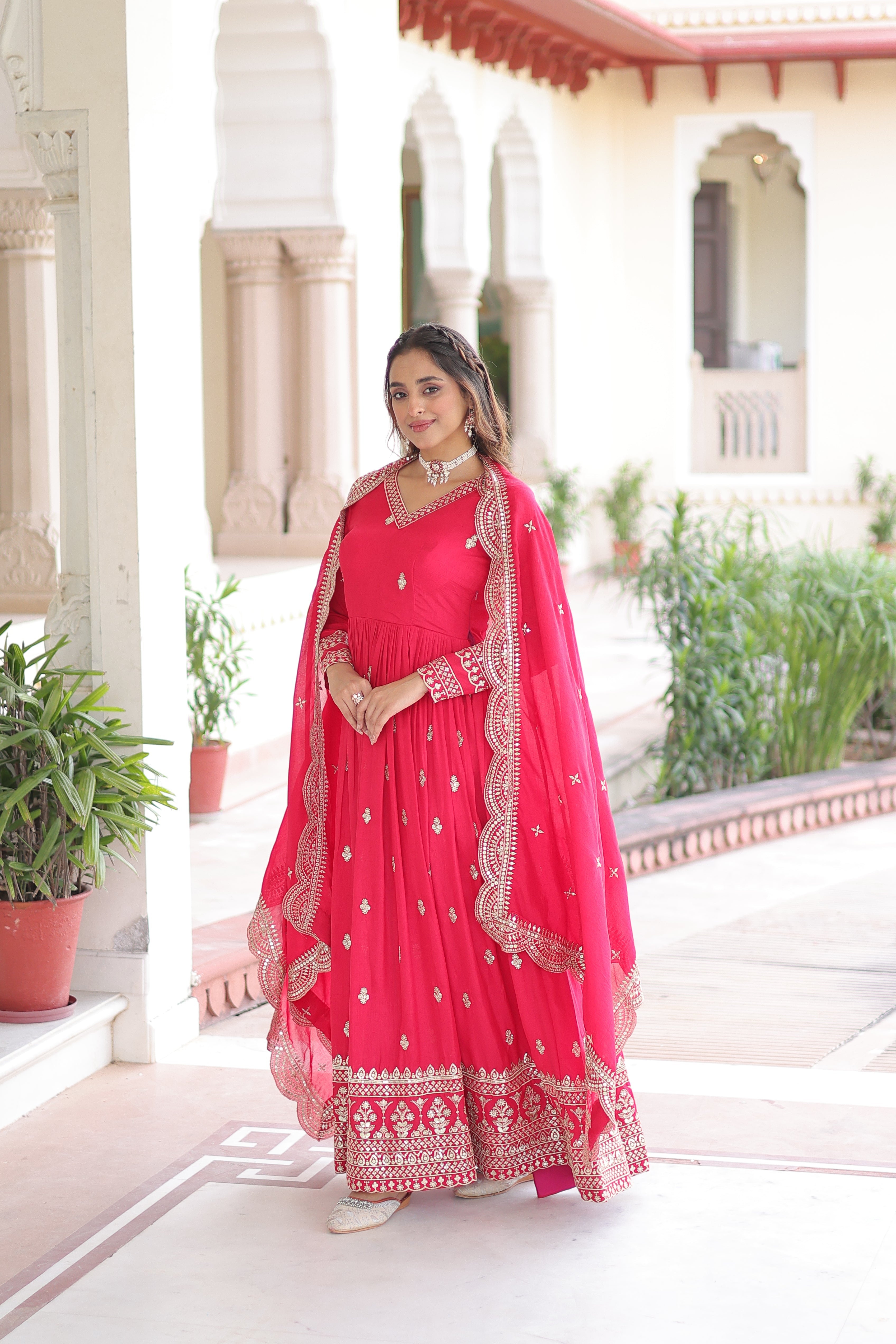 Sivi pink Vichitra silk gown with sequins zari embroidered work and dupatta