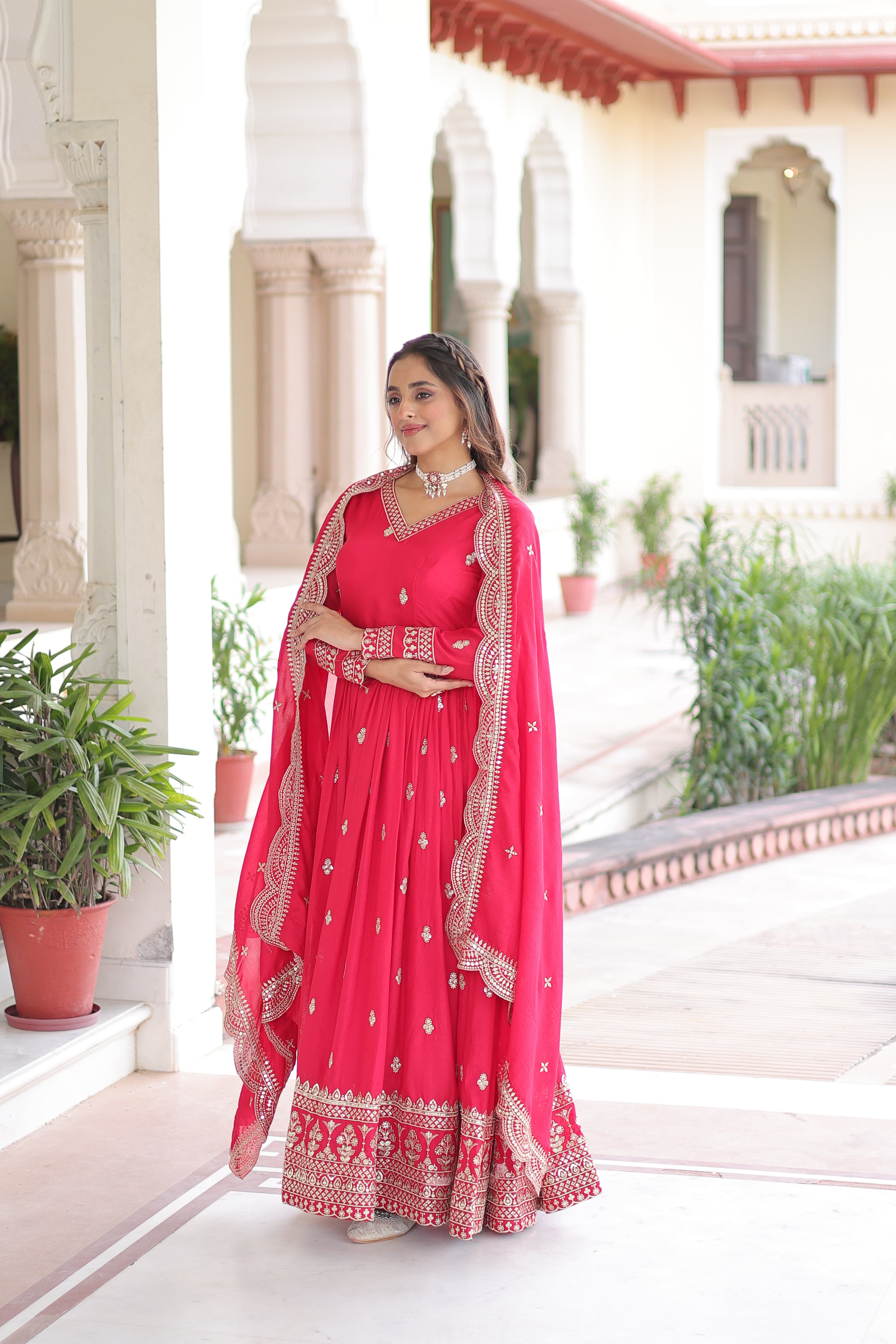Sivi pink Vichitra silk gown with sequins zari embroidered work and dupatta