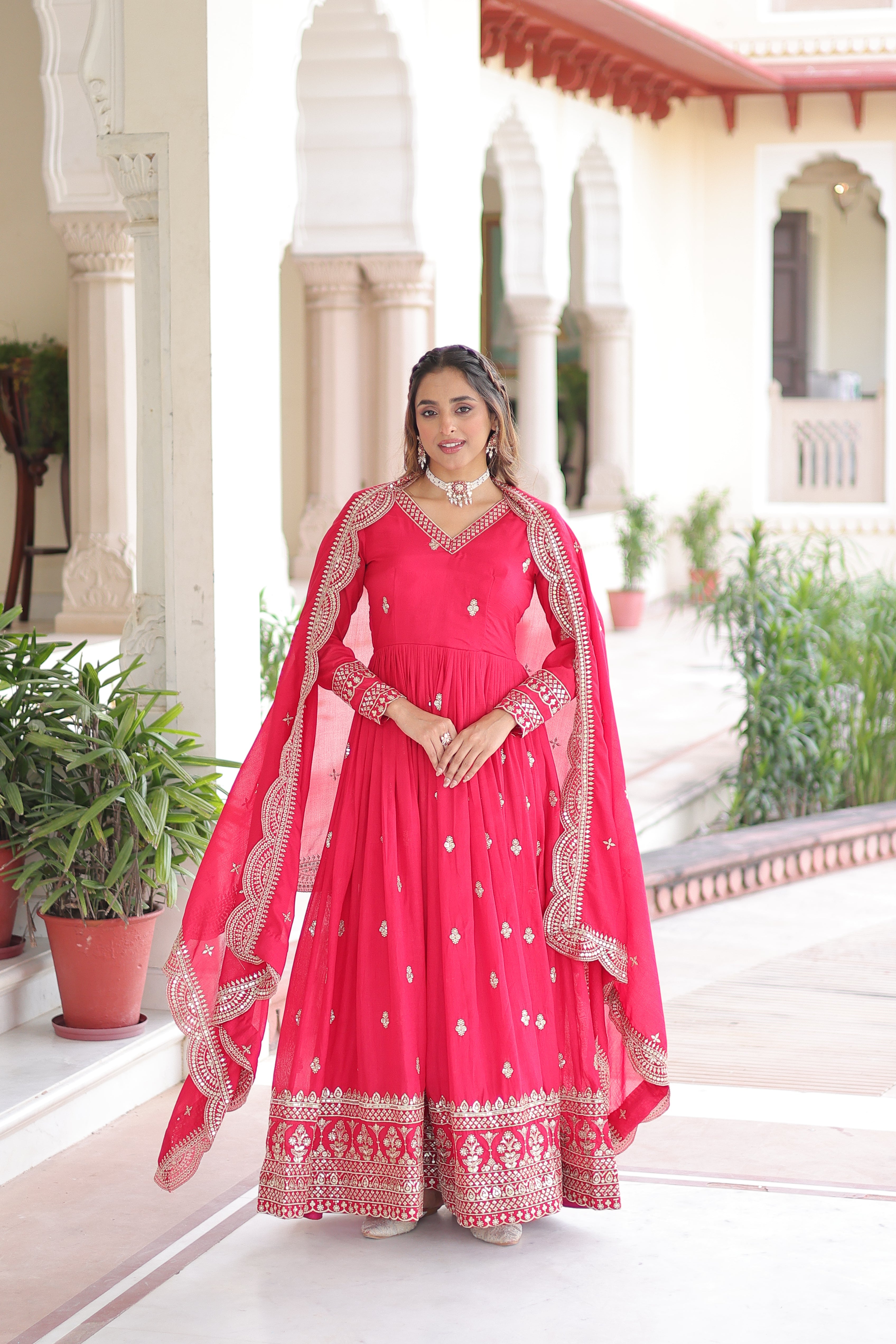 Sivi pink Vichitra silk gown with sequins zari embroidered work and dupatta