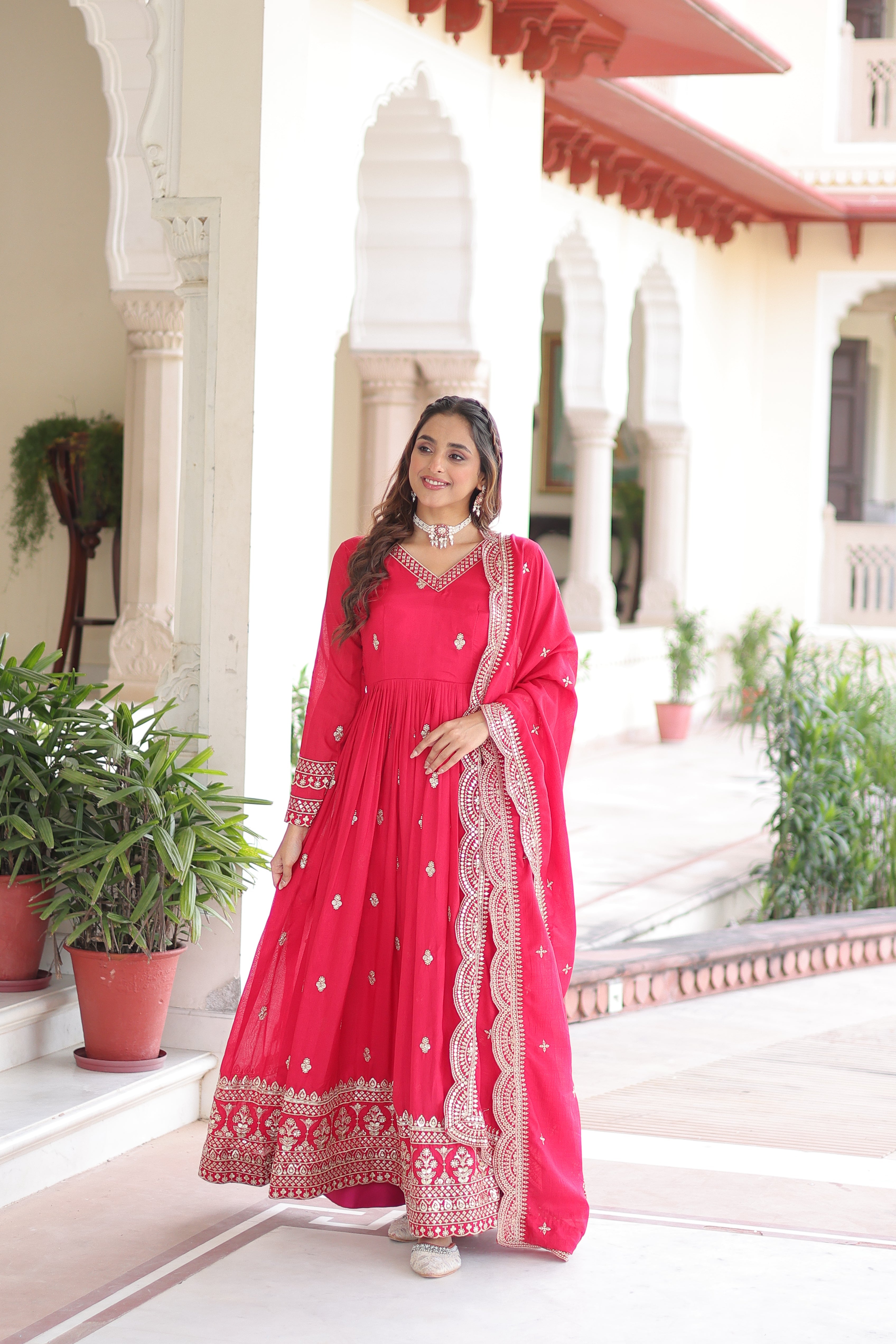 Sivi pink Vichitra silk gown with sequins zari embroidered work and dupatta