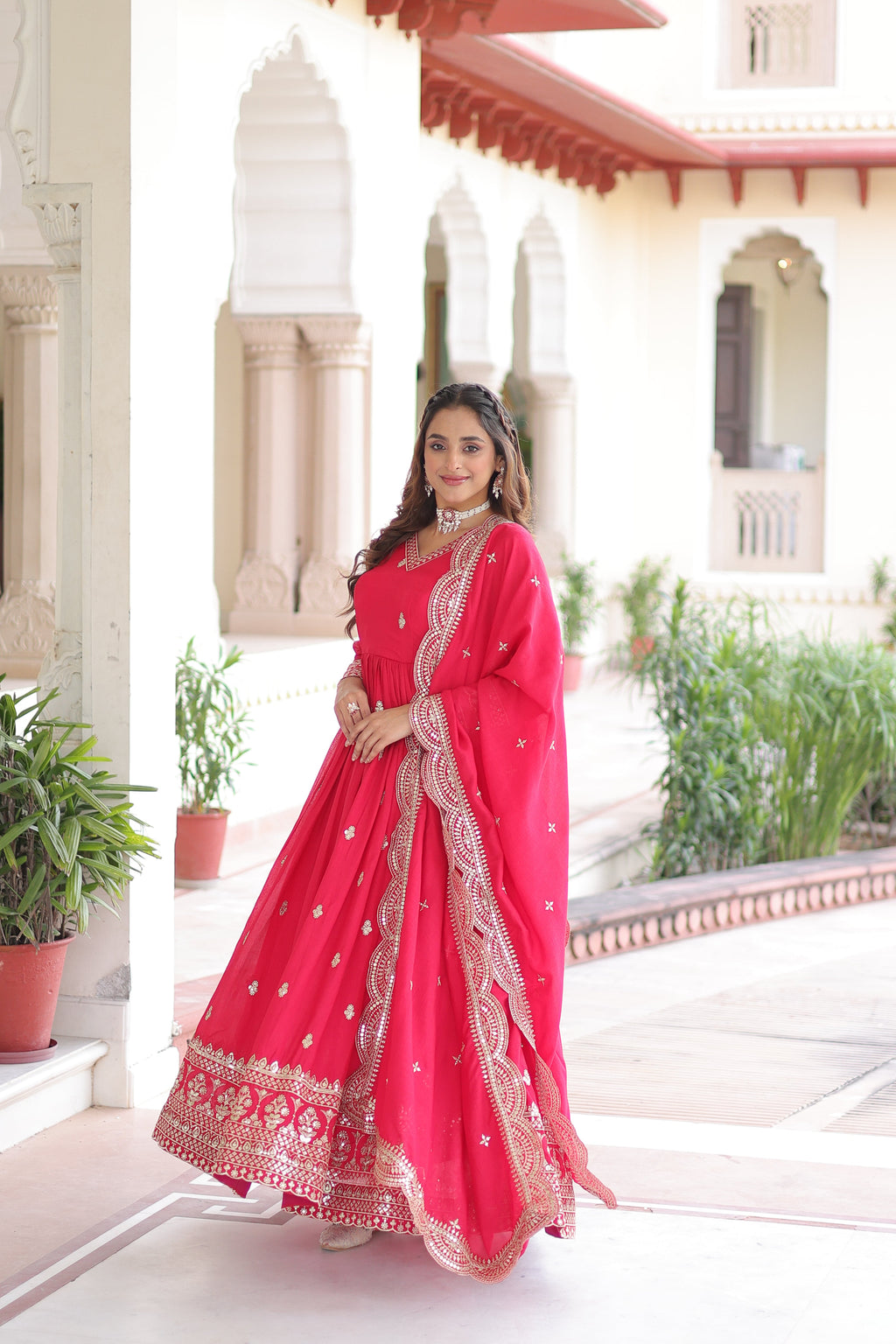 Sivi pink Vichitra silk gown with sequins zari embroidered work and dupatta