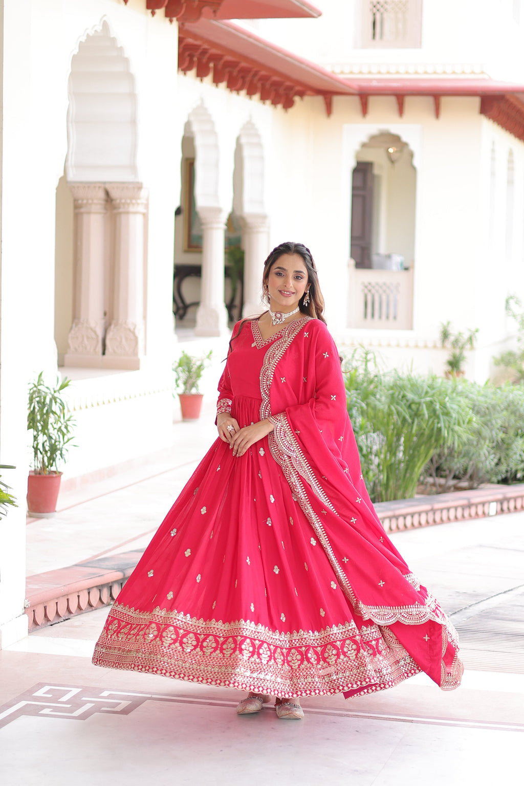 Sivi pink Vichitra silk gown with sequins zari embroidered work and dupatta