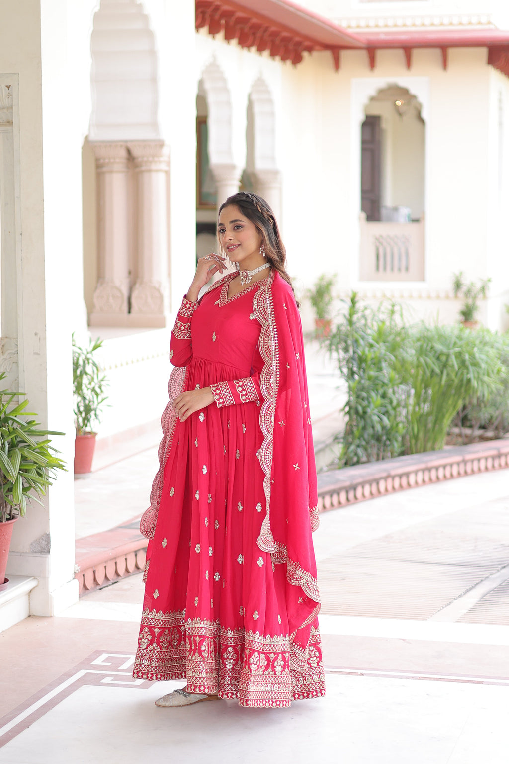 Sivi pink Vichitra silk gown with sequins zari embroidered work and dupatta
