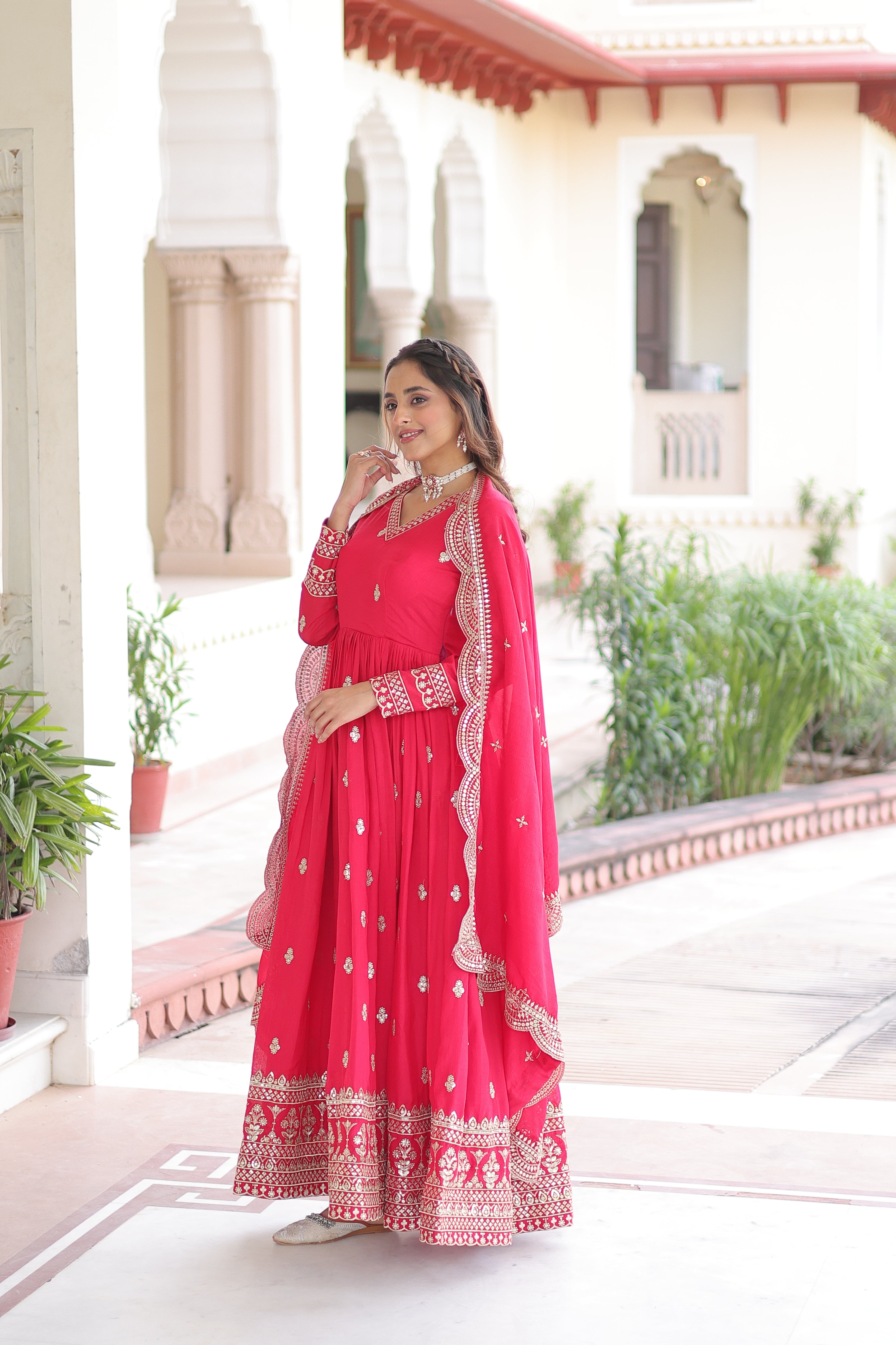 Sivi pink Vichitra silk gown with sequins zari embroidered work and dupatta