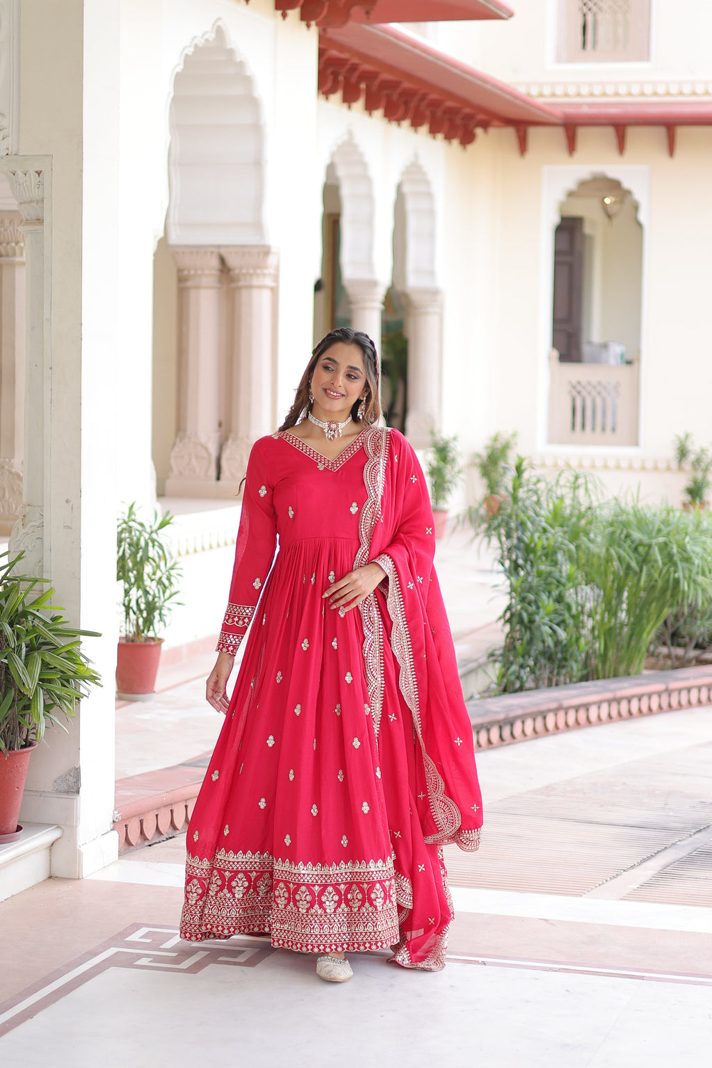 Sivi pink Vichitra silk gown with sequins zari embroidered work and dupatta