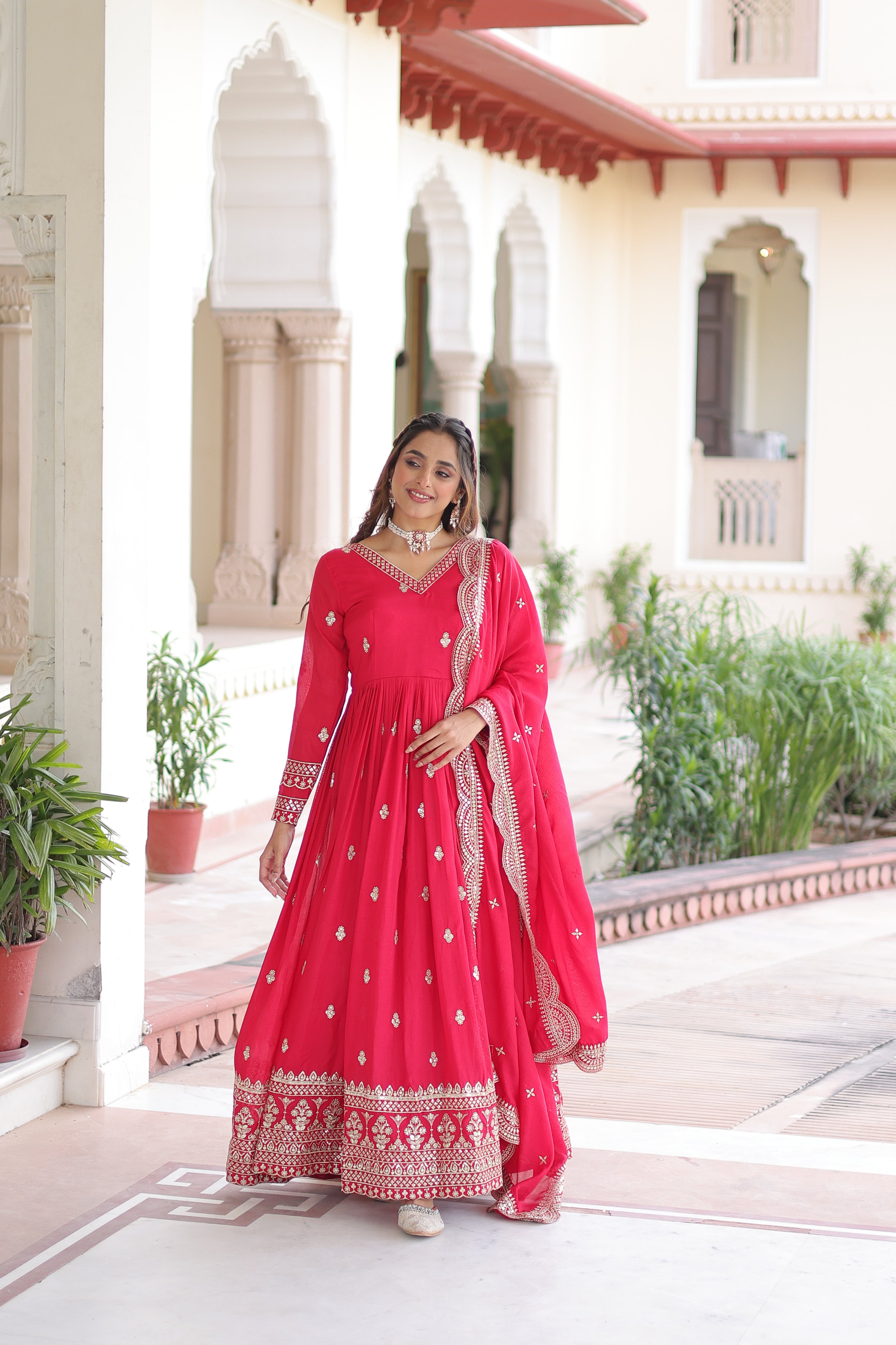 Sivi pink Vichitra silk gown with sequins zari embroidered work and dupatta