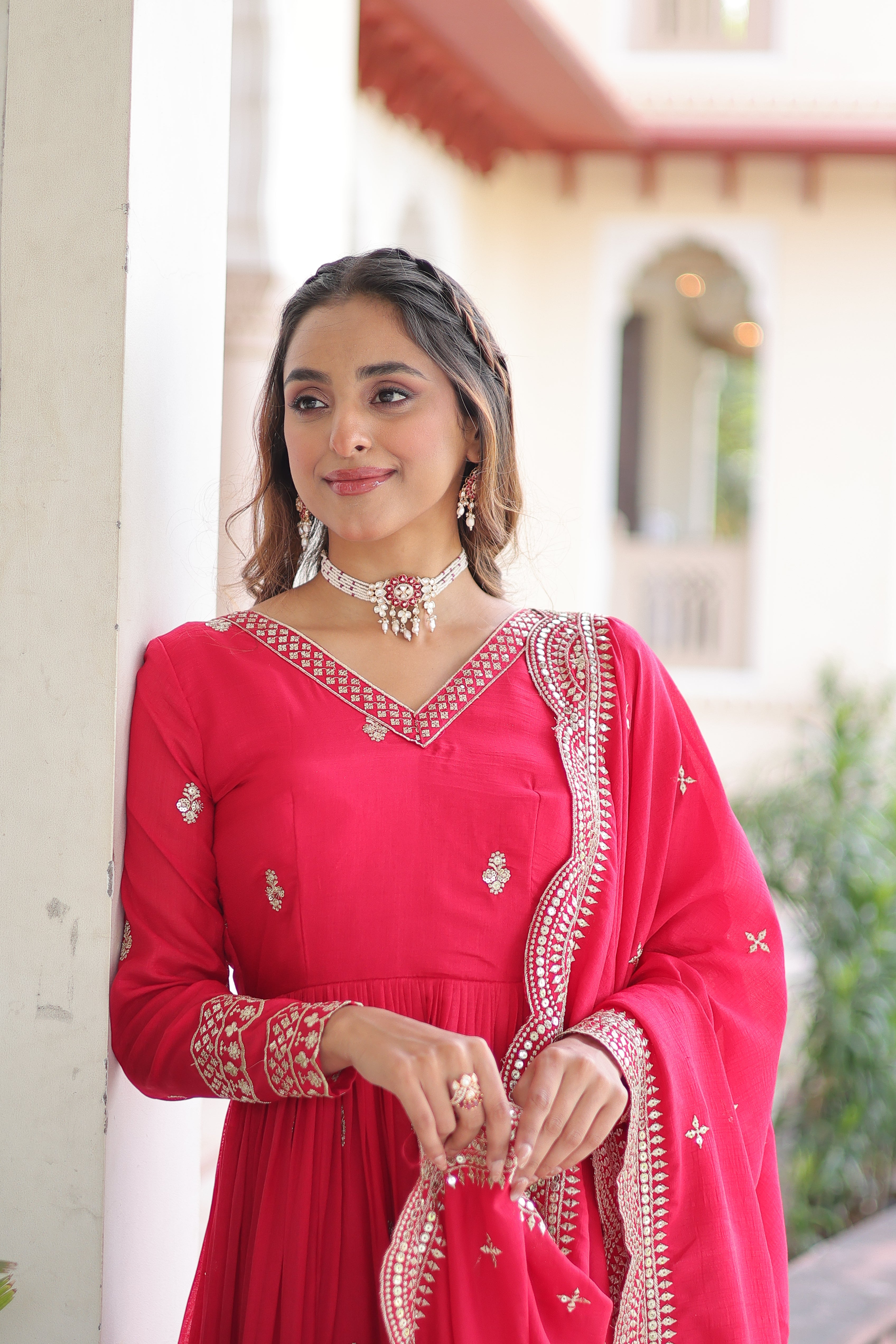 Sivi pink Vichitra silk gown with sequins zari embroidered work and dupatta
