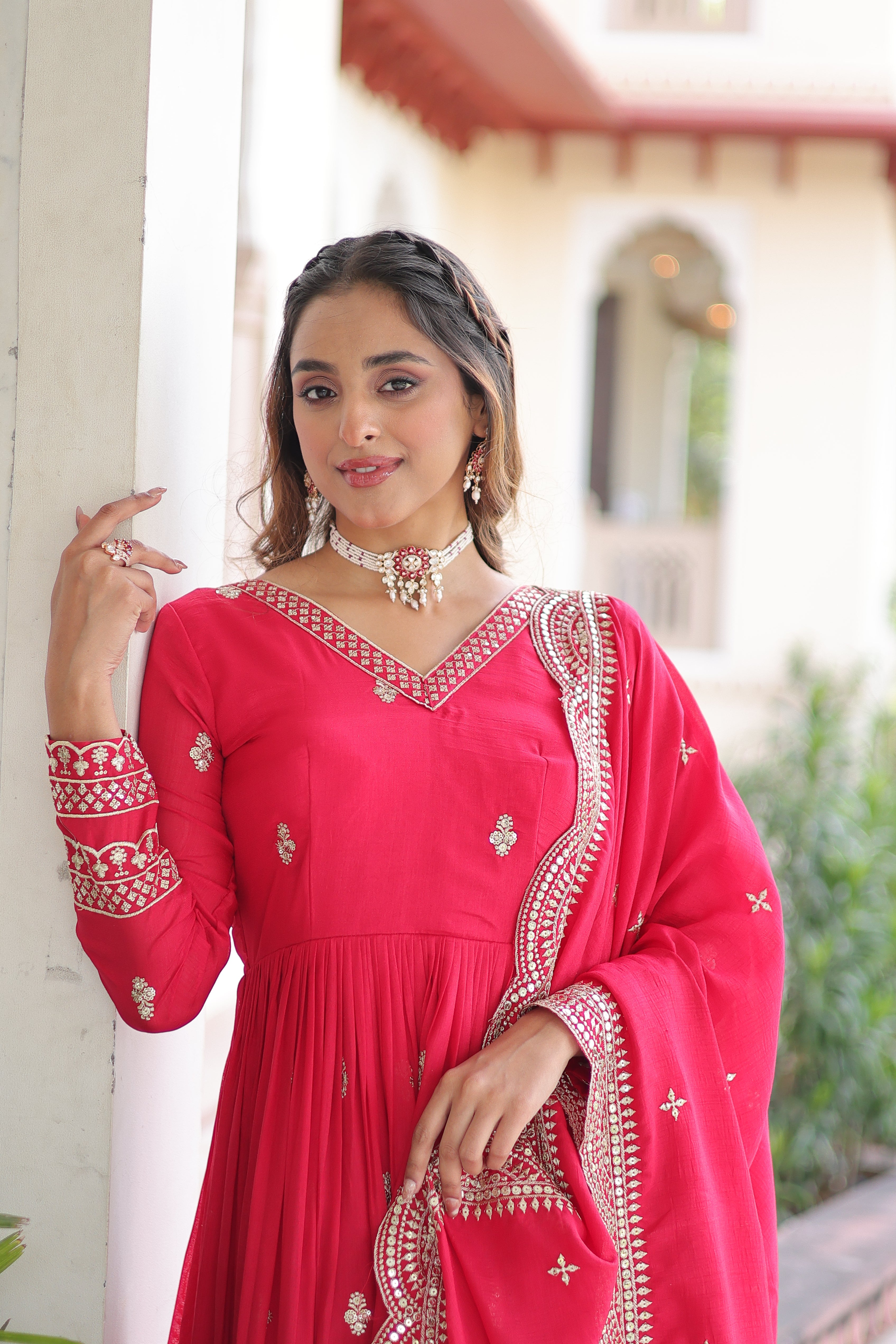 Sivi pink Vichitra silk gown with sequins zari embroidered work and dupatta