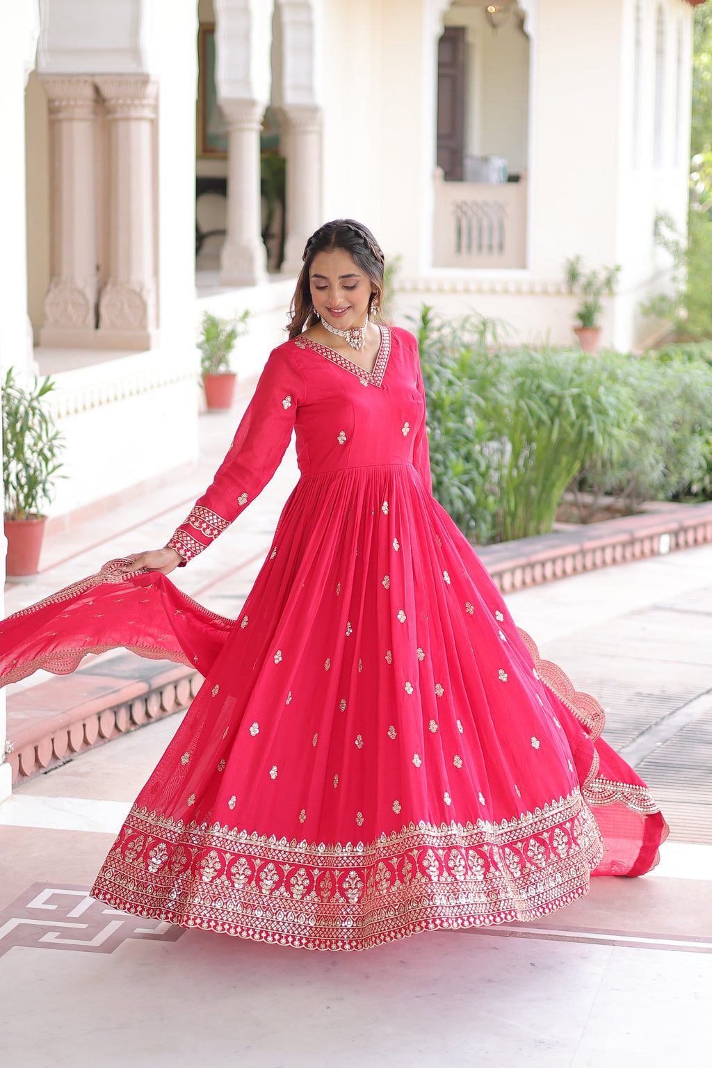Sivi pink Vichitra silk gown with sequins zari embroidered work and dupatta