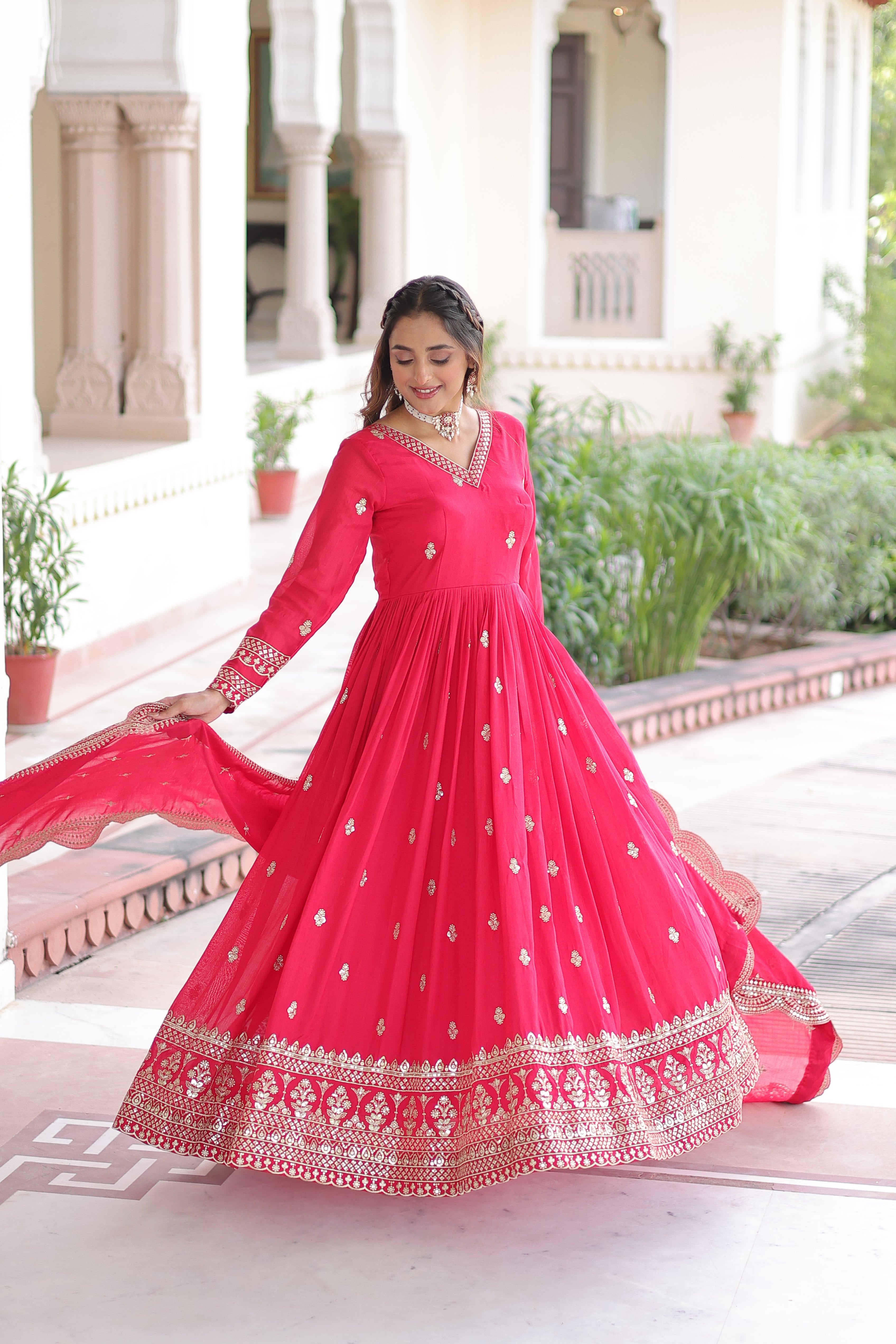 Sivi pink Vichitra silk gown with sequins zari embroidered work and dupatta