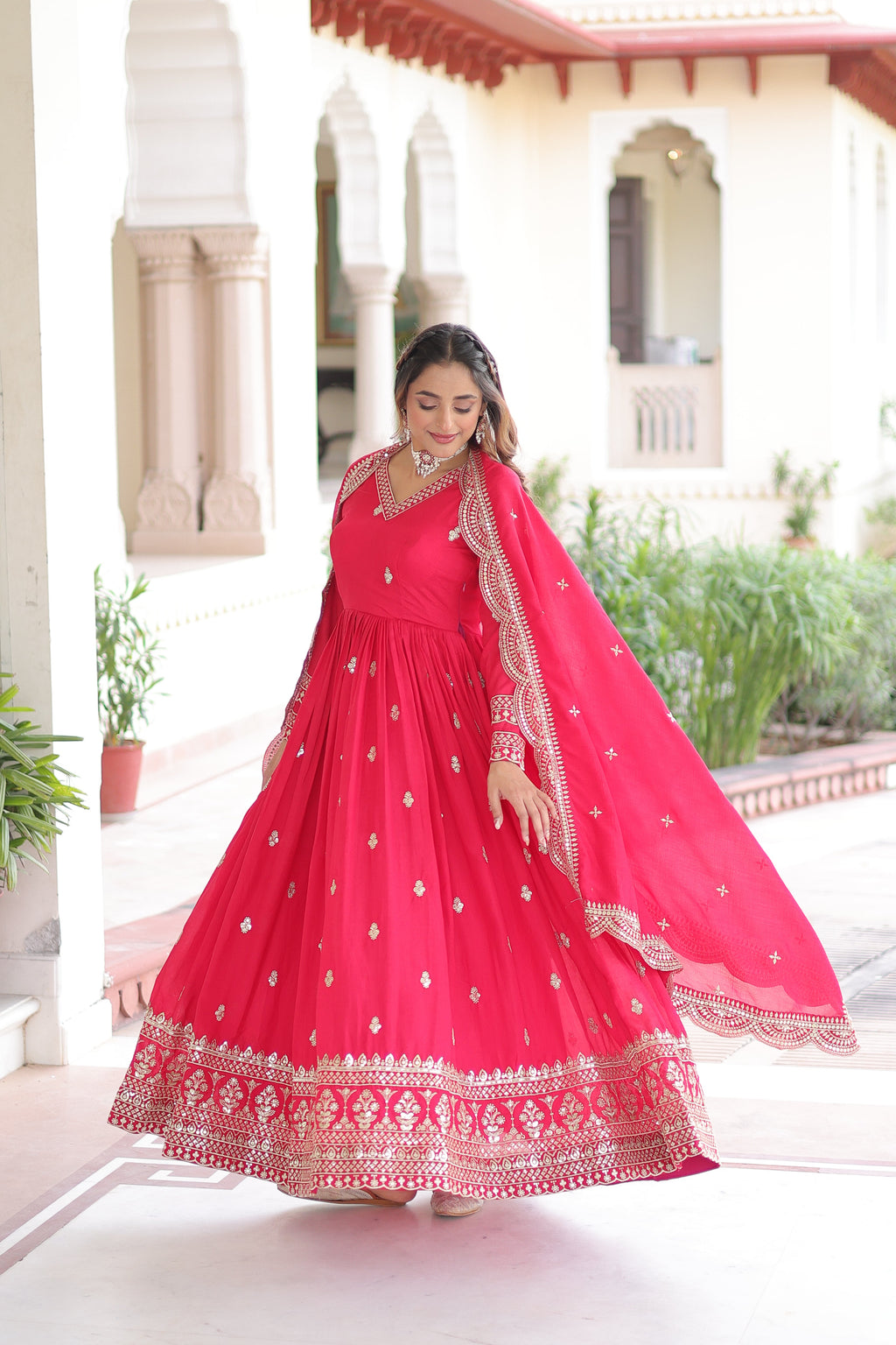 Sivi pink Vichitra silk gown with sequins zari embroidered work and dupatta