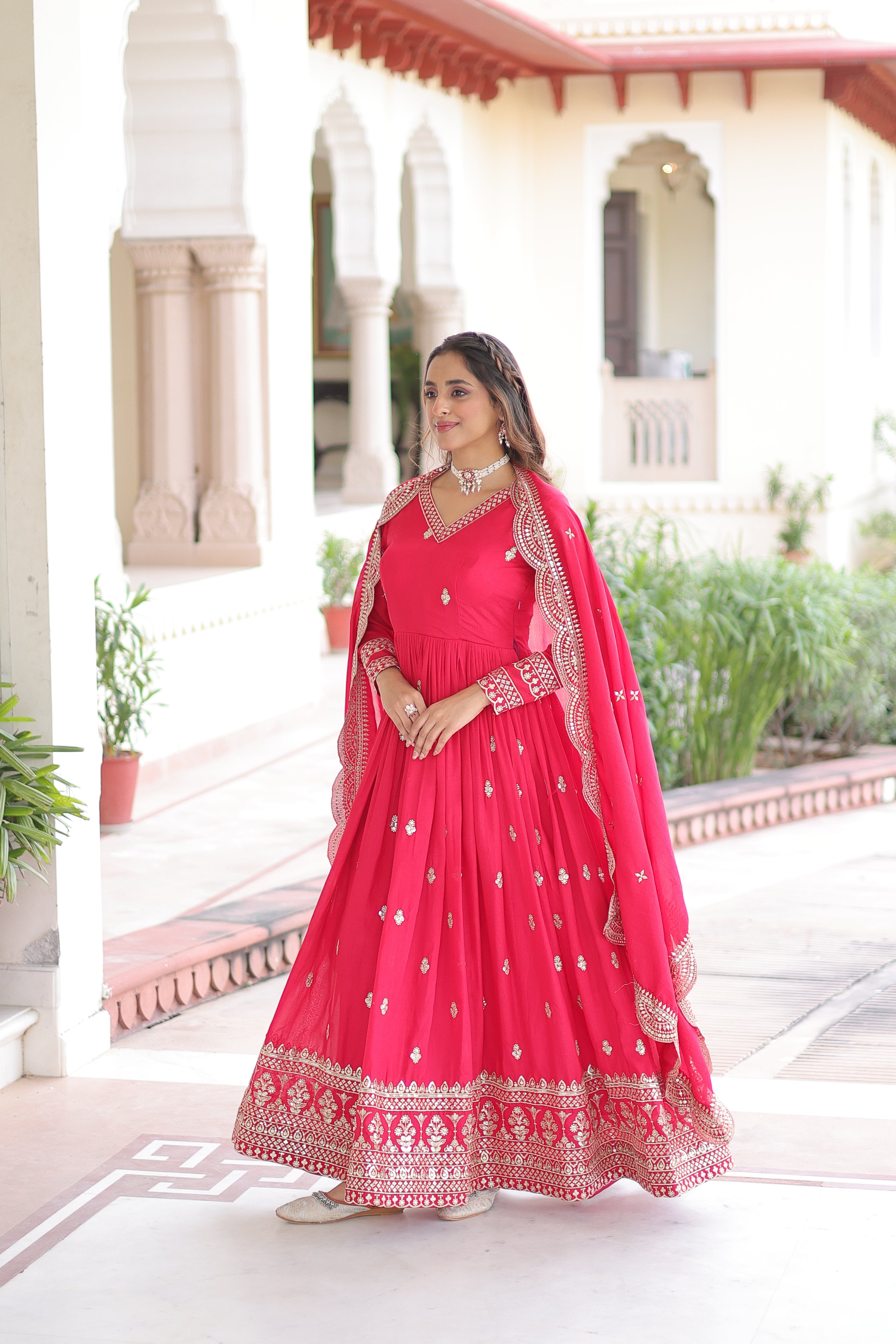 Sivi pink Vichitra silk gown with sequins zari embroidered work and dupatta