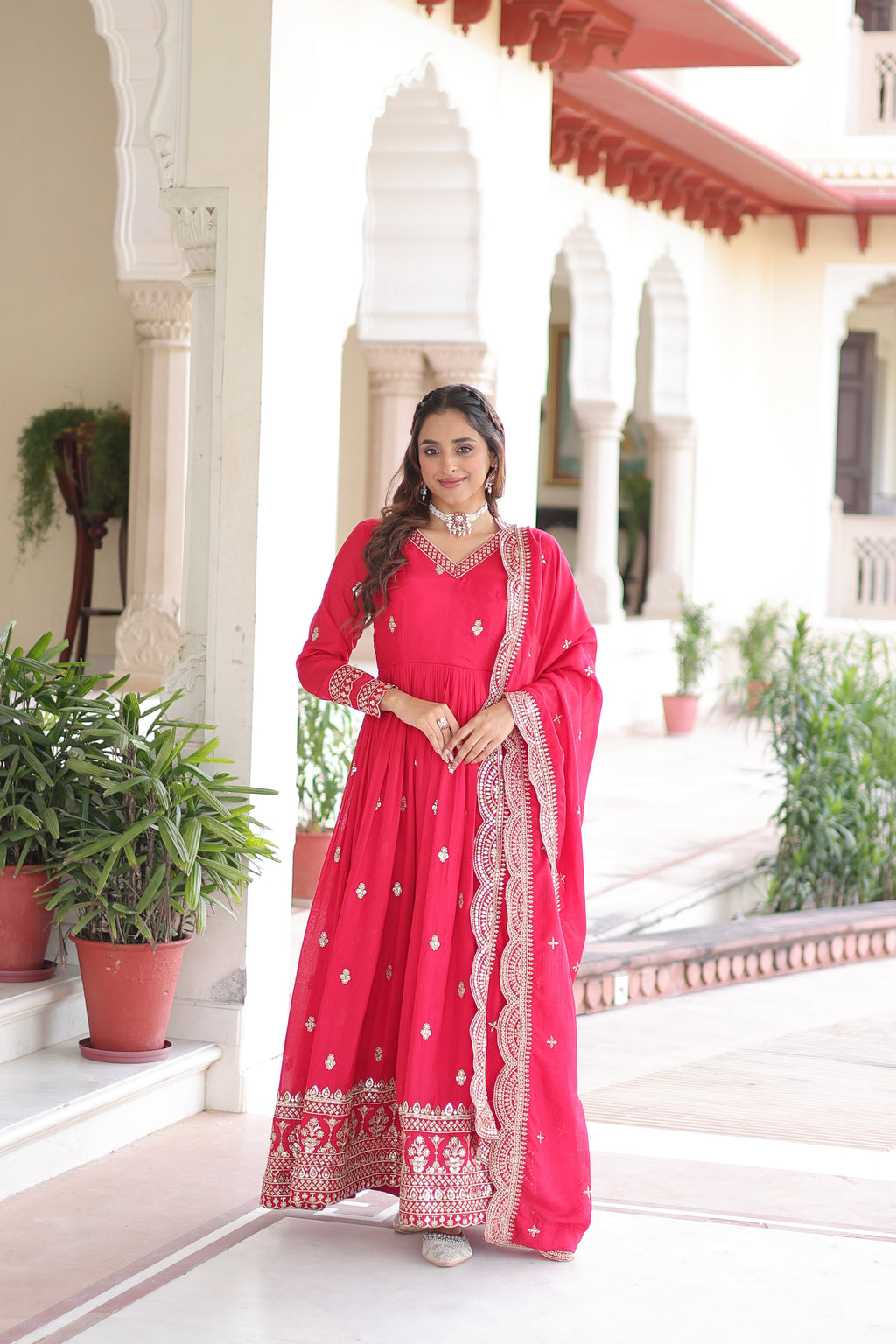 Sivi pink Vichitra silk gown with sequins zari embroidered work and dupatta