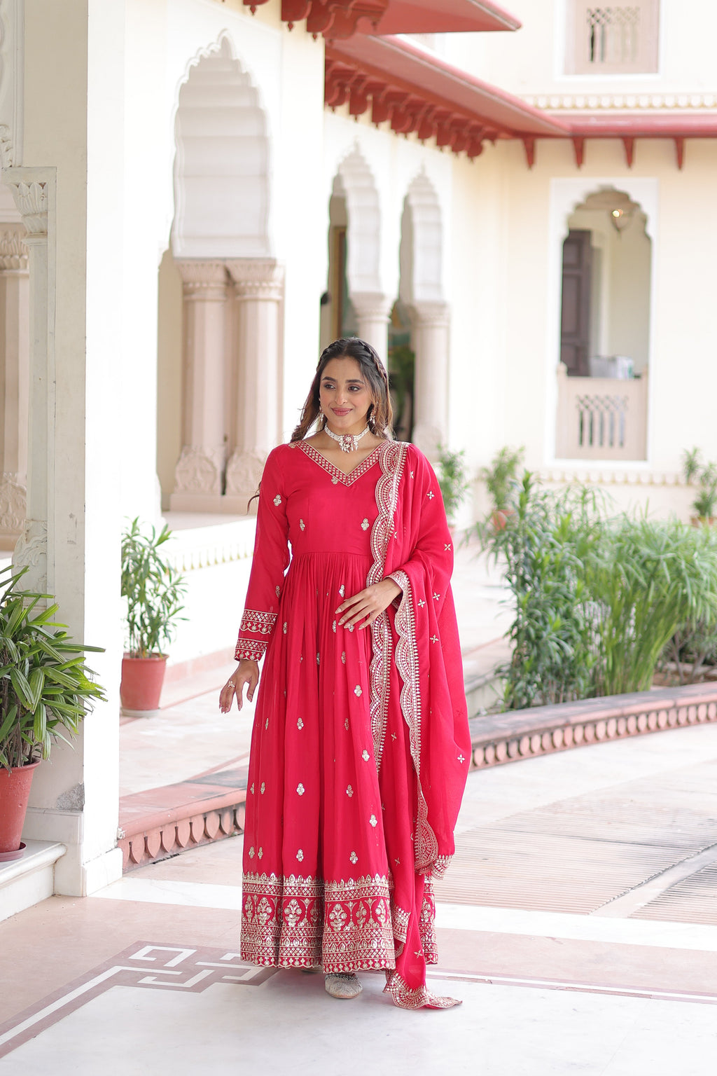 Sivi pink Vichitra silk gown with sequins zari embroidered work and dupatta