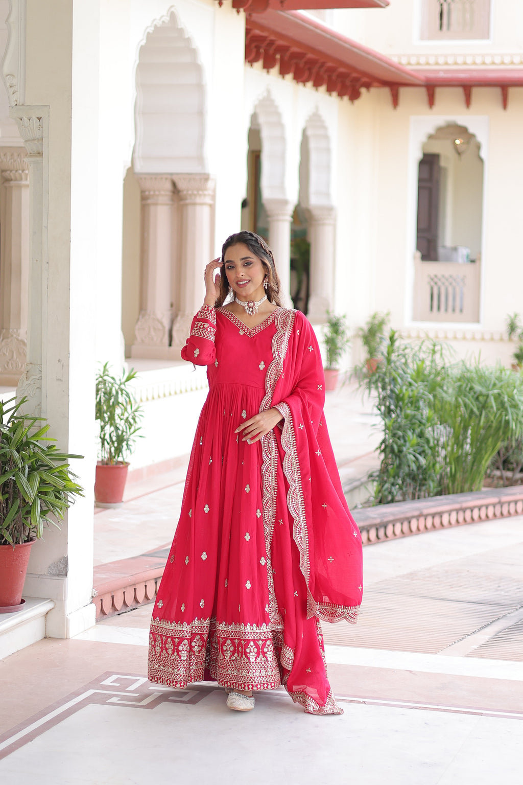 Sivi pink Vichitra silk gown with sequins zari embroidered work and dupatta