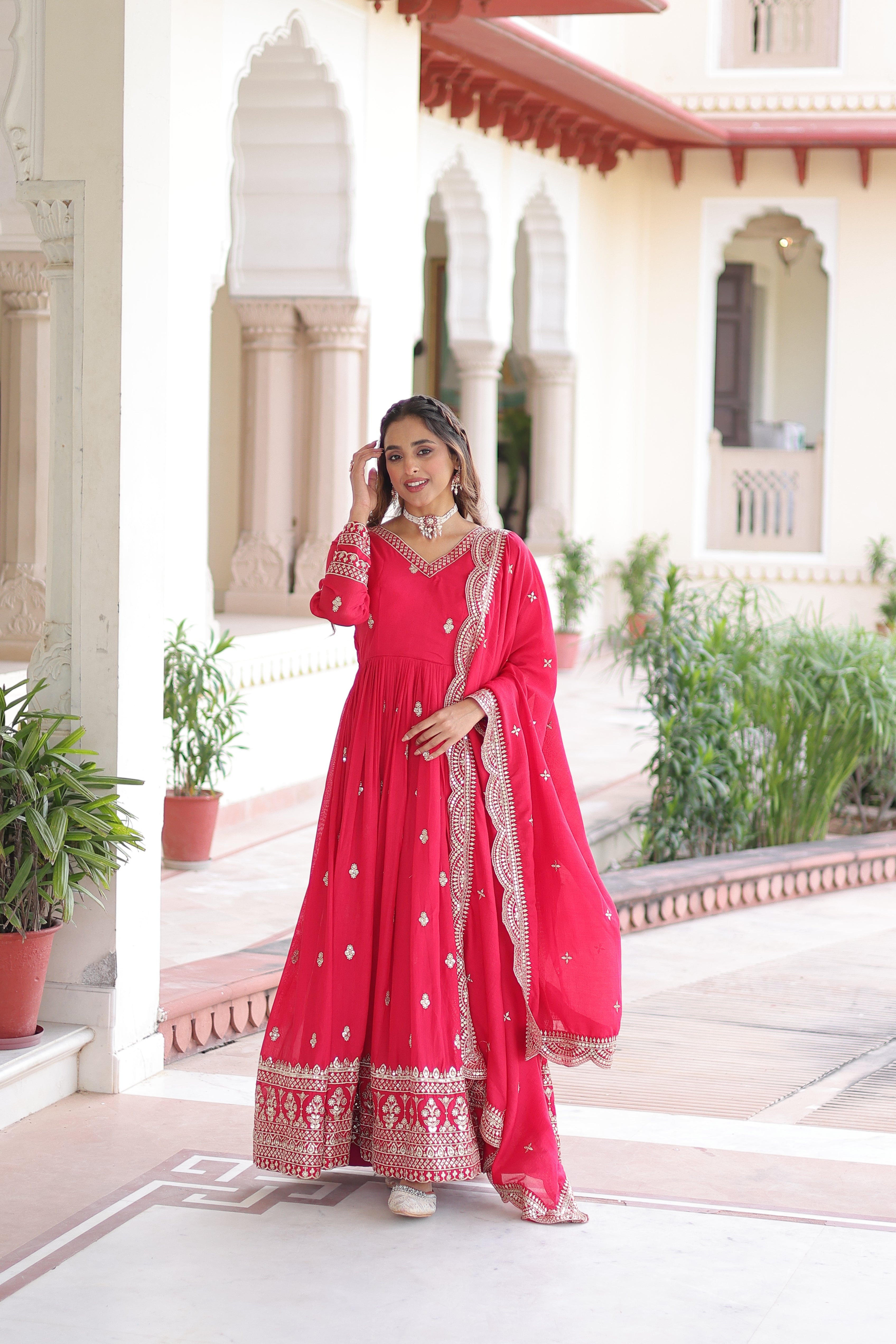 Sivi pink Vichitra silk gown with sequins zari embroidered work and dupatta
