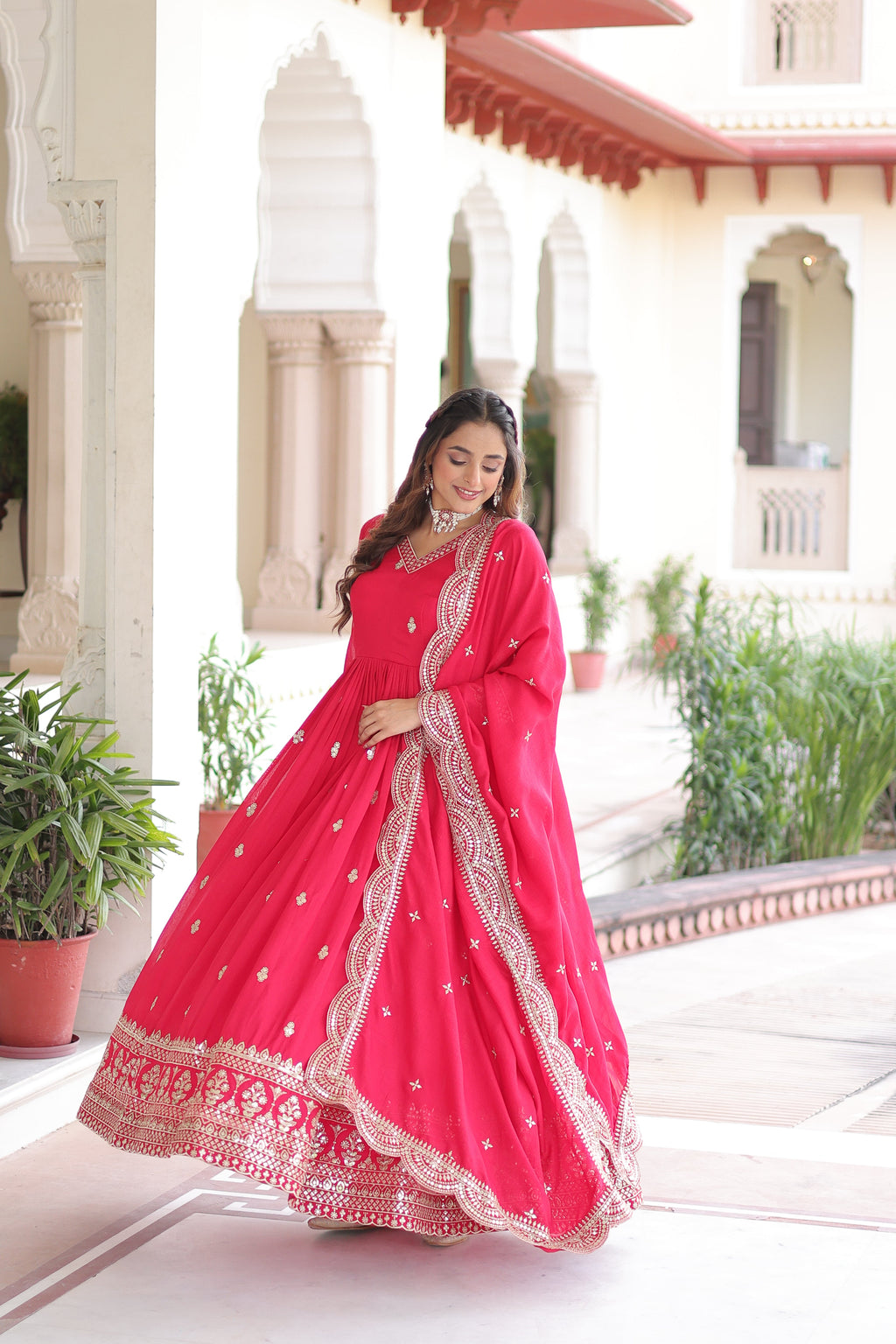 Sivi pink Vichitra silk gown with sequins zari embroidered work and dupatta
