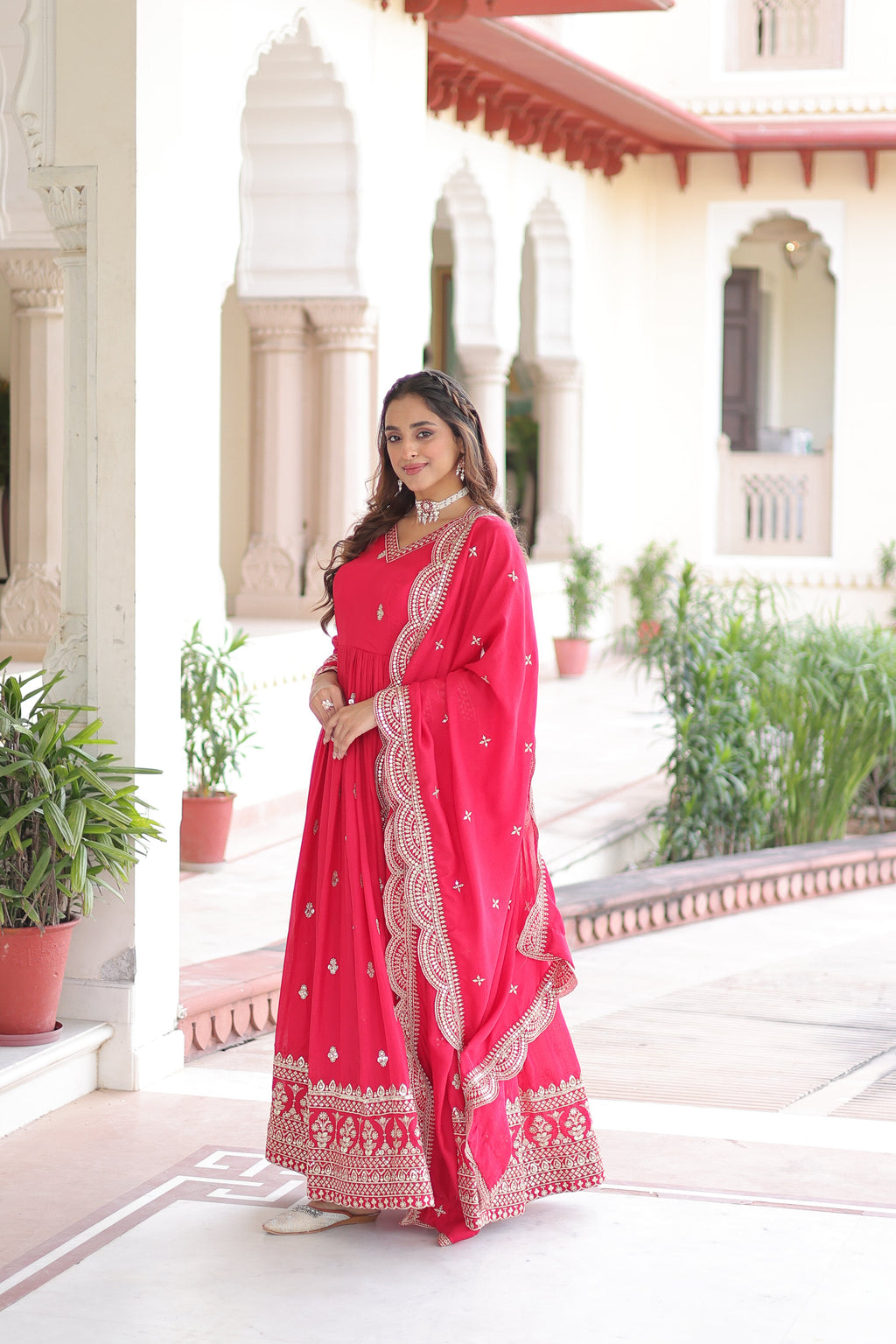 Sivi pink Vichitra silk gown with sequins zari embroidered work and dupatta