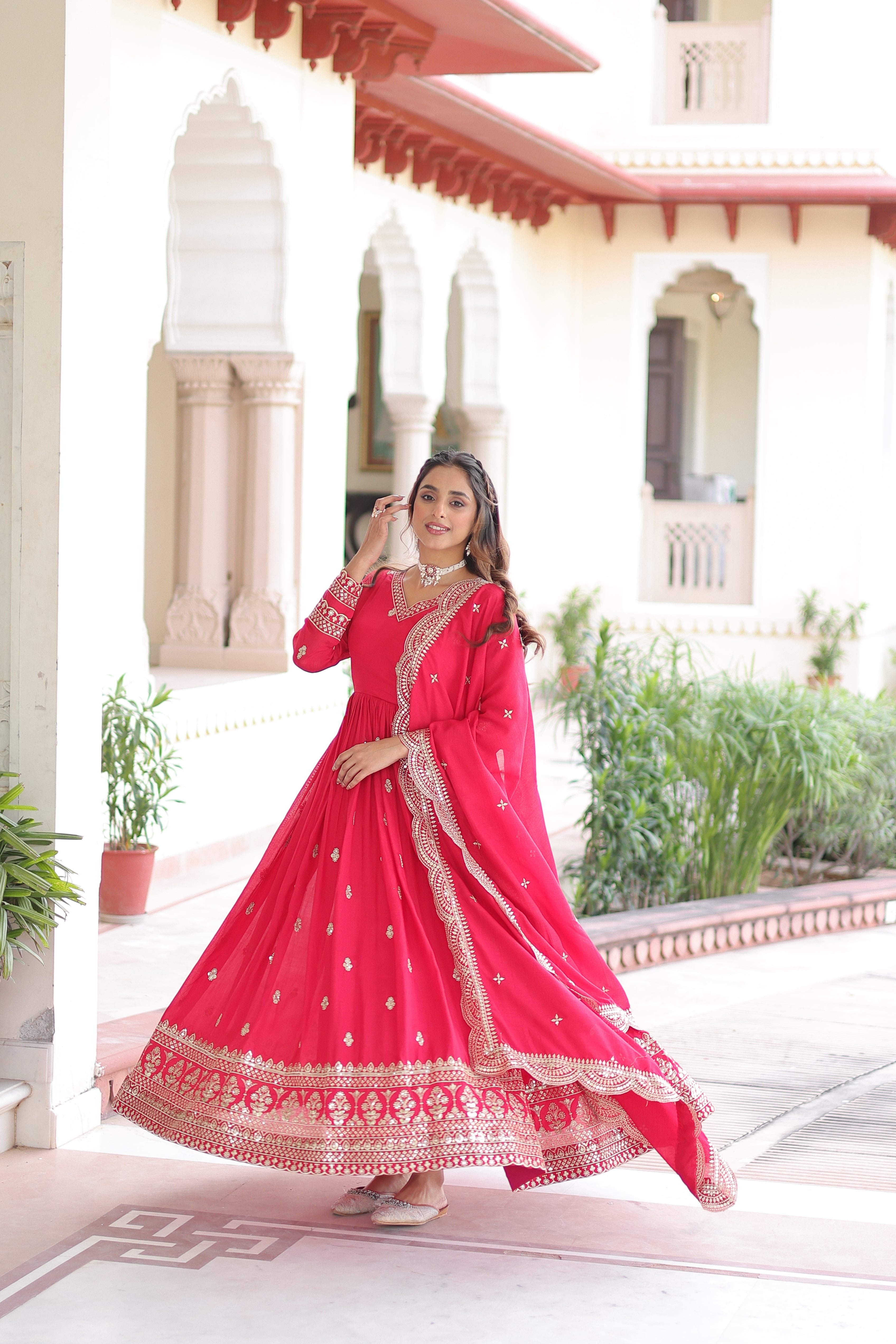 Sivi pink Vichitra silk gown with sequins zari embroidered work and dupatta