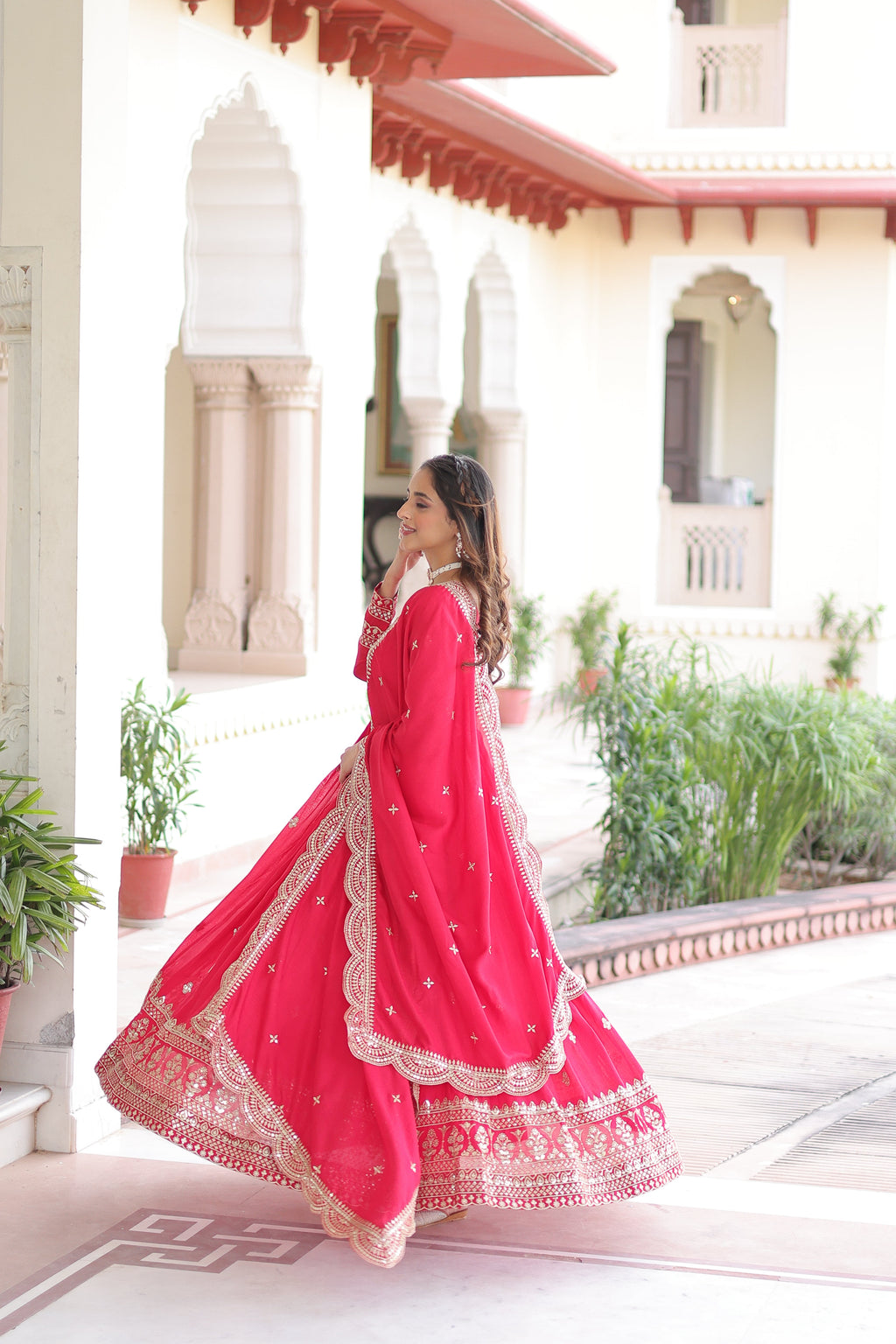 Sivi pink Vichitra silk gown with sequins zari embroidered work and dupatta