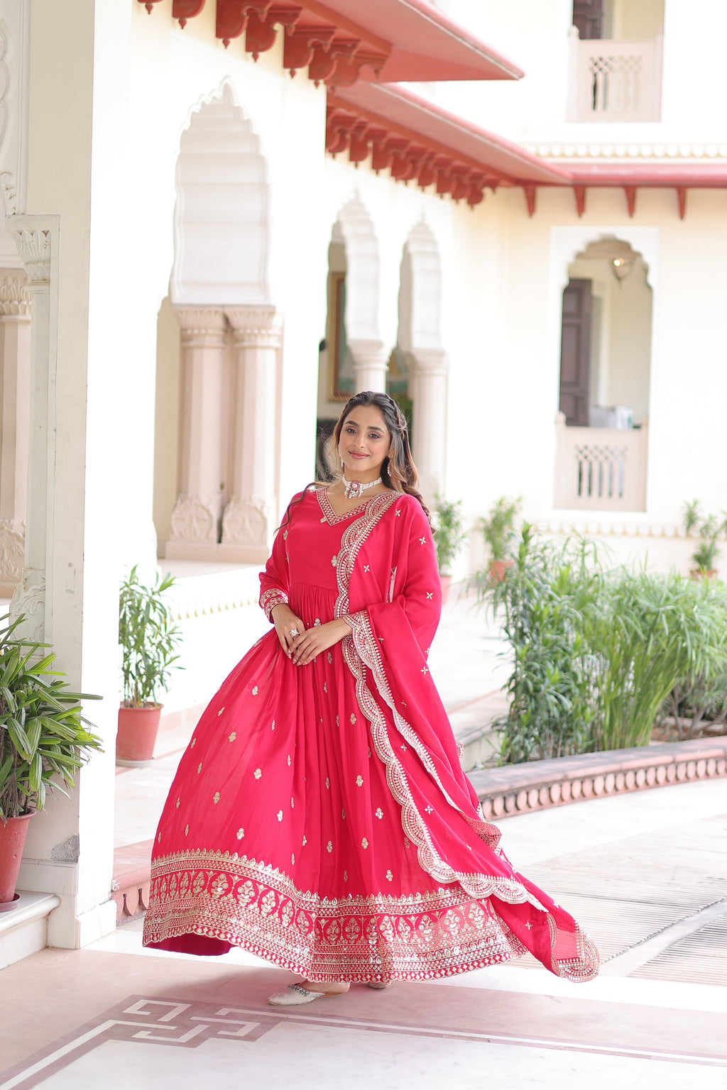 Sivi pink Vichitra silk gown with sequins zari embroidered work and dupatta