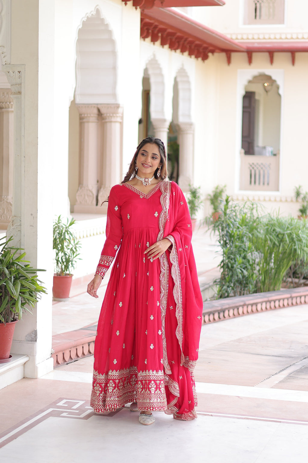 Sivi pink Vichitra silk gown with sequins zari embroidered work and dupatta