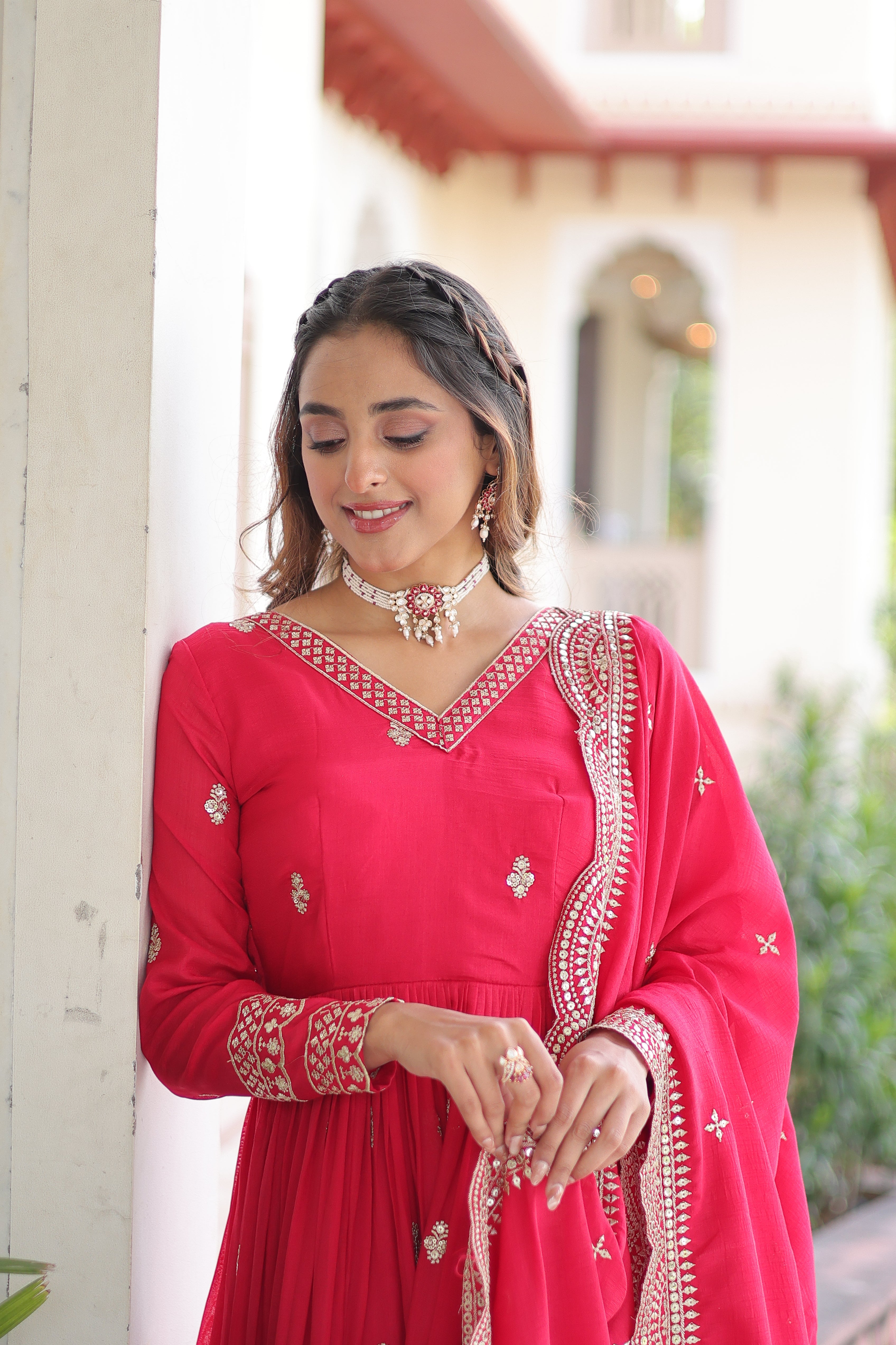 Sivi pink Vichitra silk gown with sequins zari embroidered work and dupatta