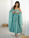 Sky blue crunchy silk anarkali suit with sirozski embroidery and dupatta