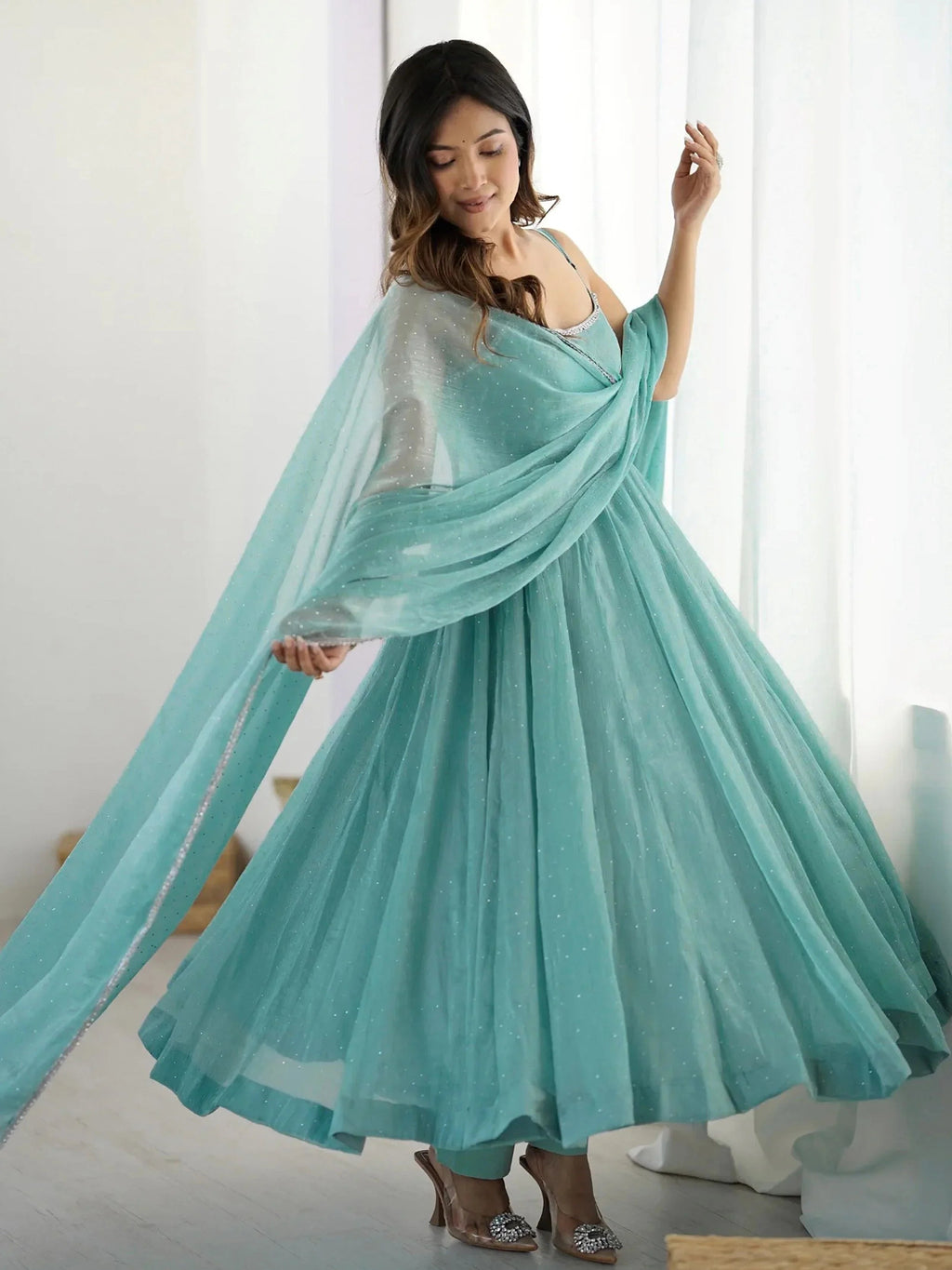 Sky blue crunchy silk anarkali suit with sirozski embroidery and dupatta