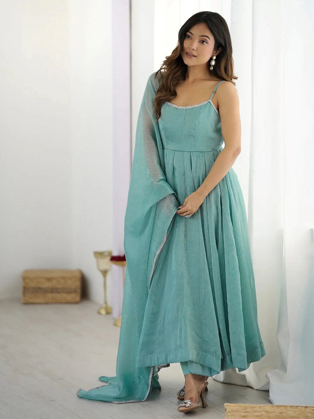 Sky blue crunchy silk anarkali suit with sirozski embroidery and dupatta