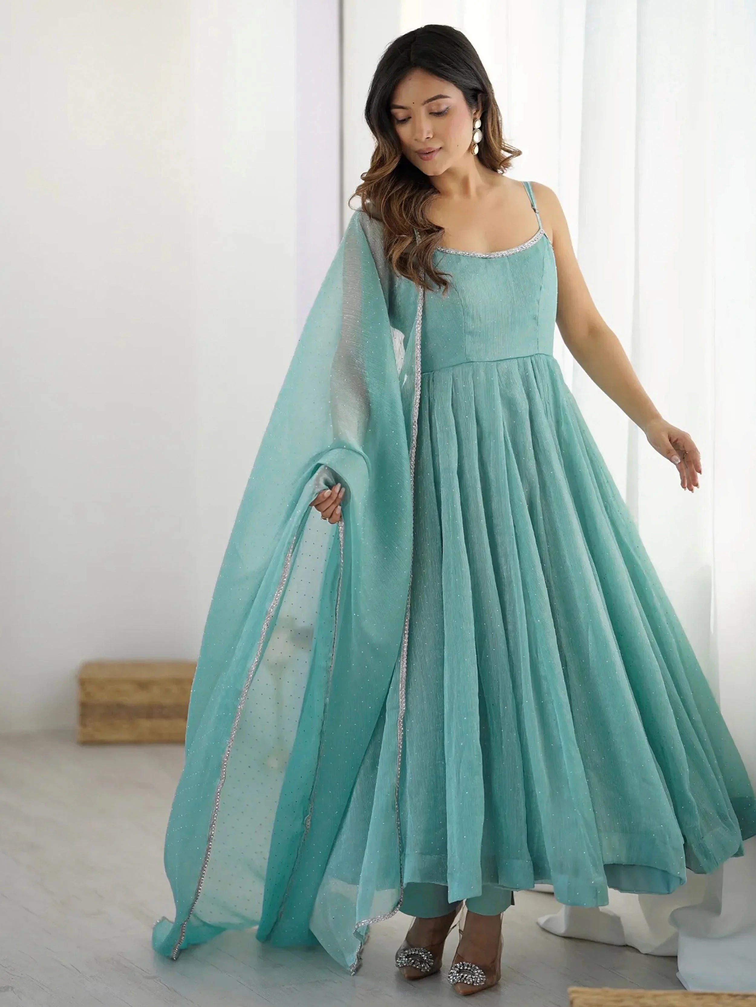 Sky blue crunchy silk anarkali suit with sirozski embroidery and dupatta