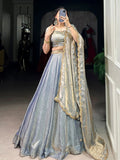 Sky blue fendi embroidered lehenga choli with sequins thread work dupatta