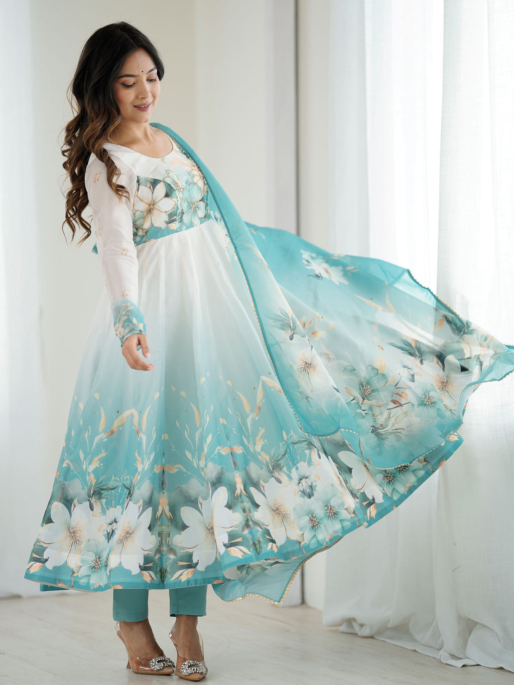 Sky blue organza silk Anarkali suit with floral design