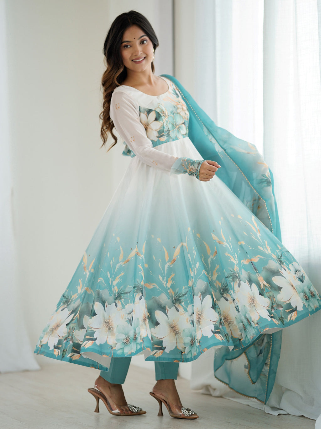 Sky blue organza silk Anarkali suit with floral design
