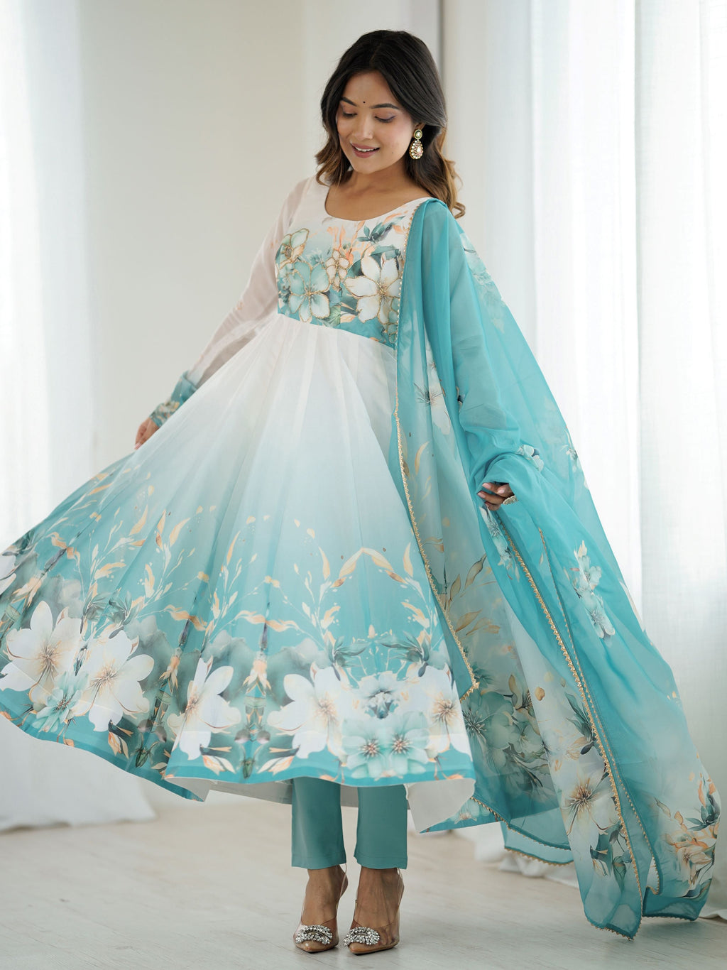 Sky blue organza silk Anarkali suit with floral design
