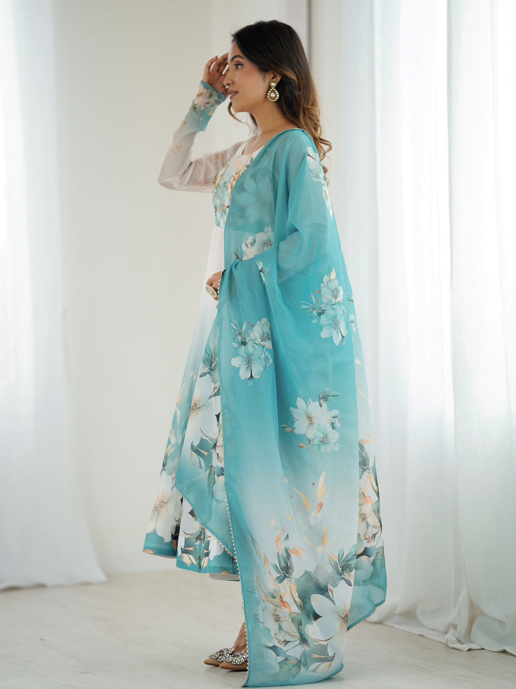 Sky blue organza silk Anarkali suit with floral design