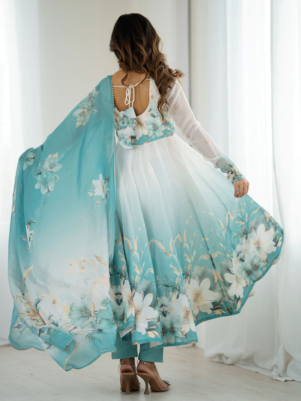 Sky blue organza silk Anarkali suit with floral design