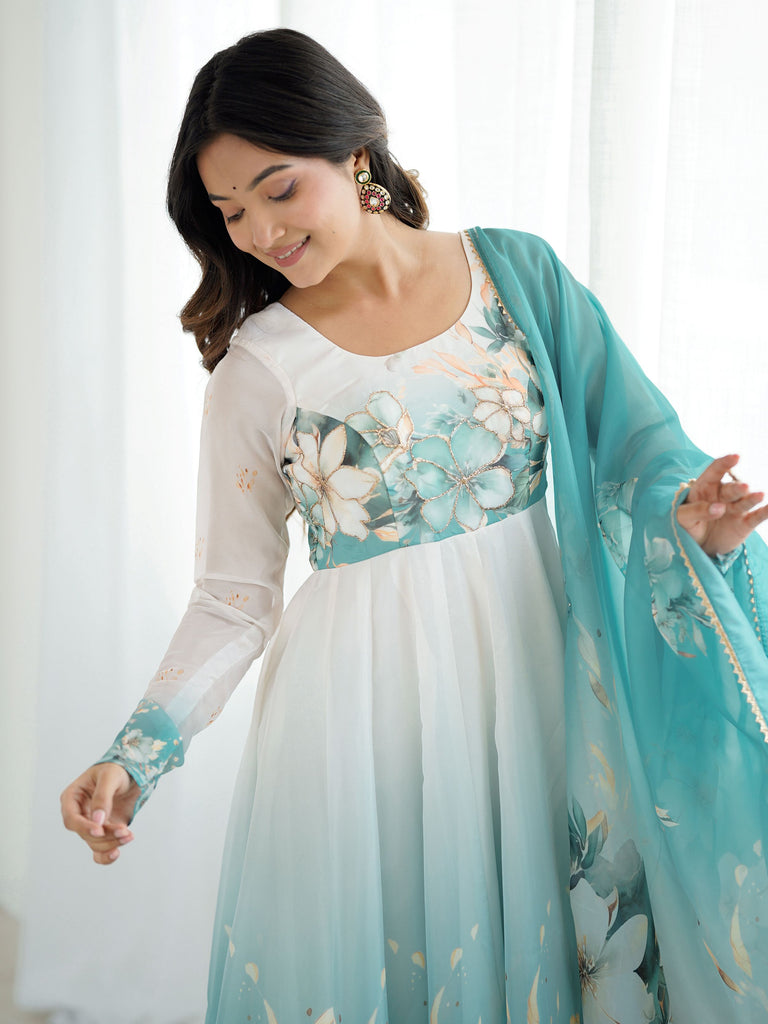 Sky blue organza silk Anarkali suit with floral design