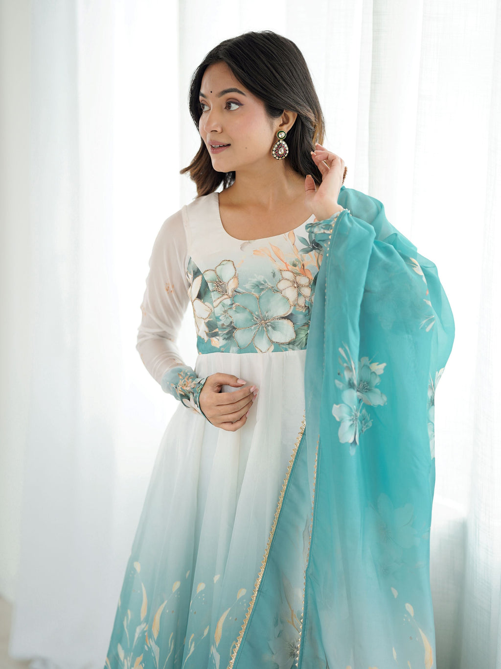 Sky blue organza silk Anarkali suit with floral design