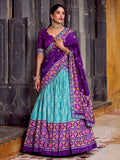 Sky blue silk printed lehenga with sequins thread embroidery and dupatta
