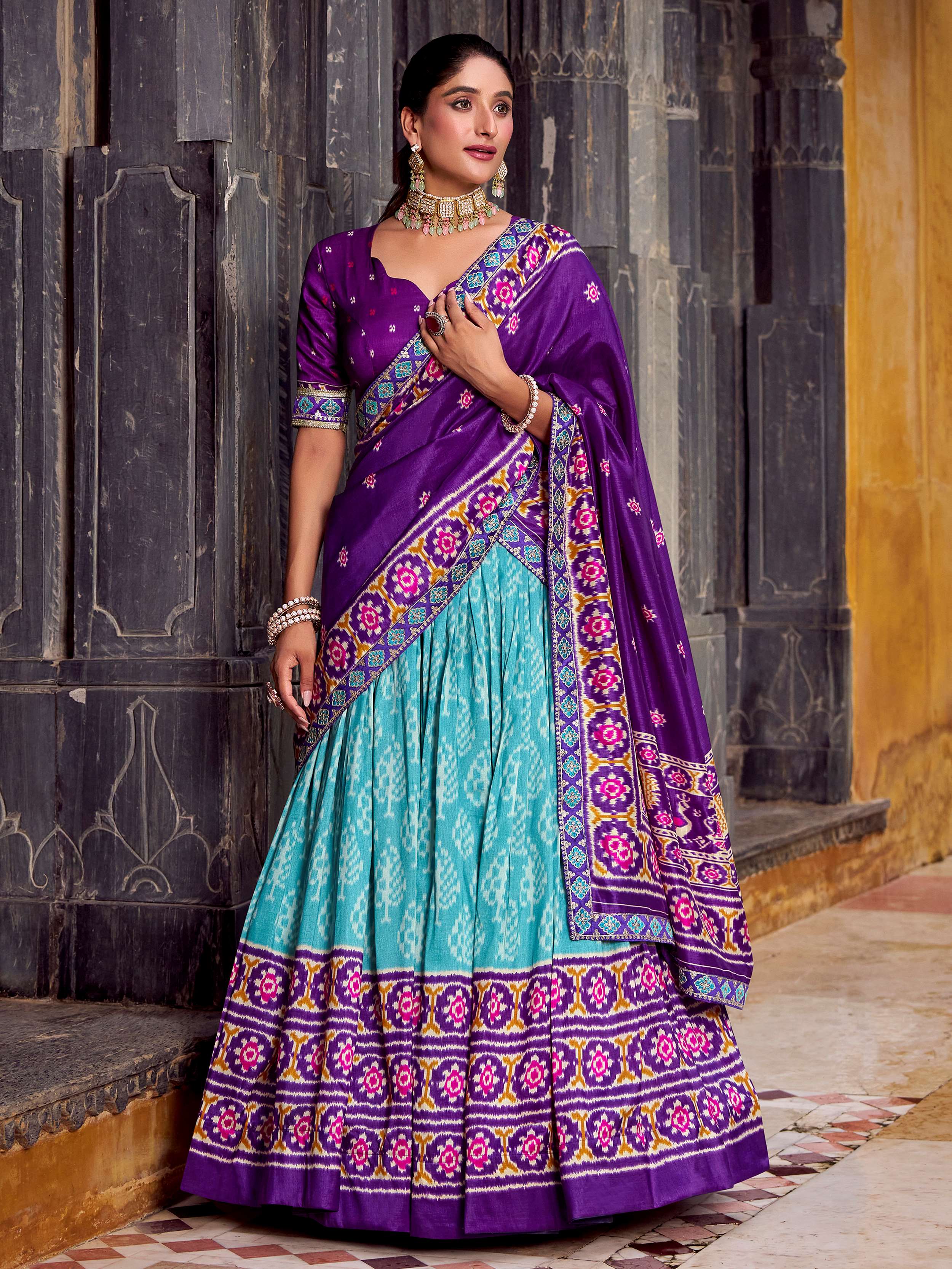Sky blue silk printed lehenga with sequins thread embroidery and dupatta