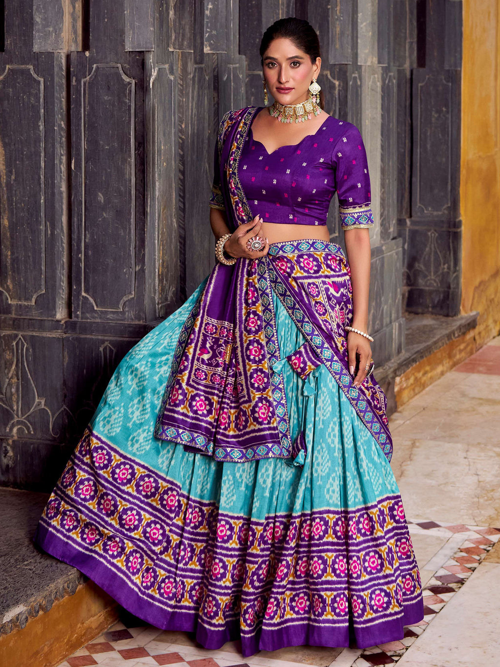 Sky blue silk printed lehenga with sequins thread embroidery and dupatta