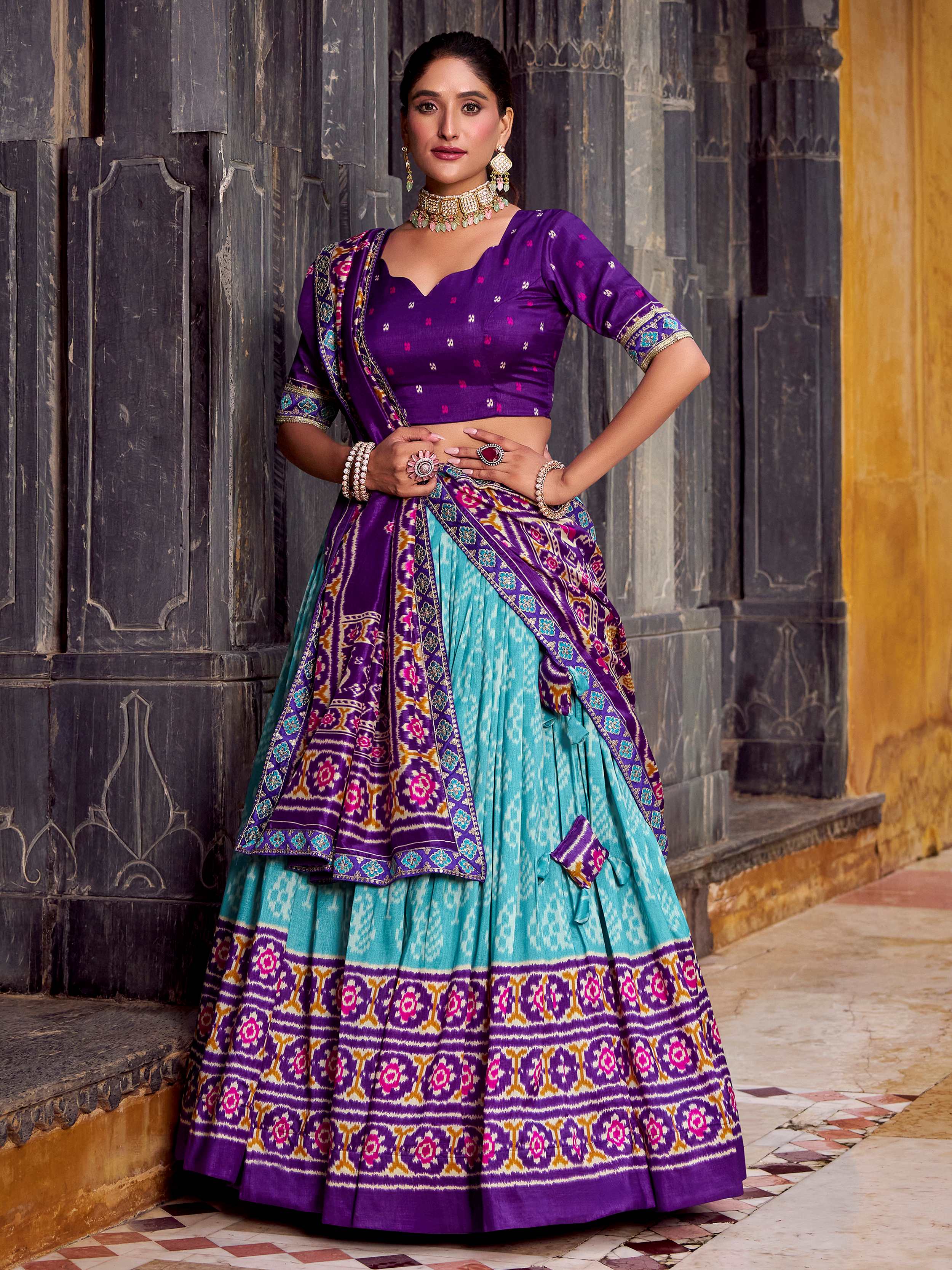 Sky blue silk printed lehenga with sequins thread embroidery and dupatta