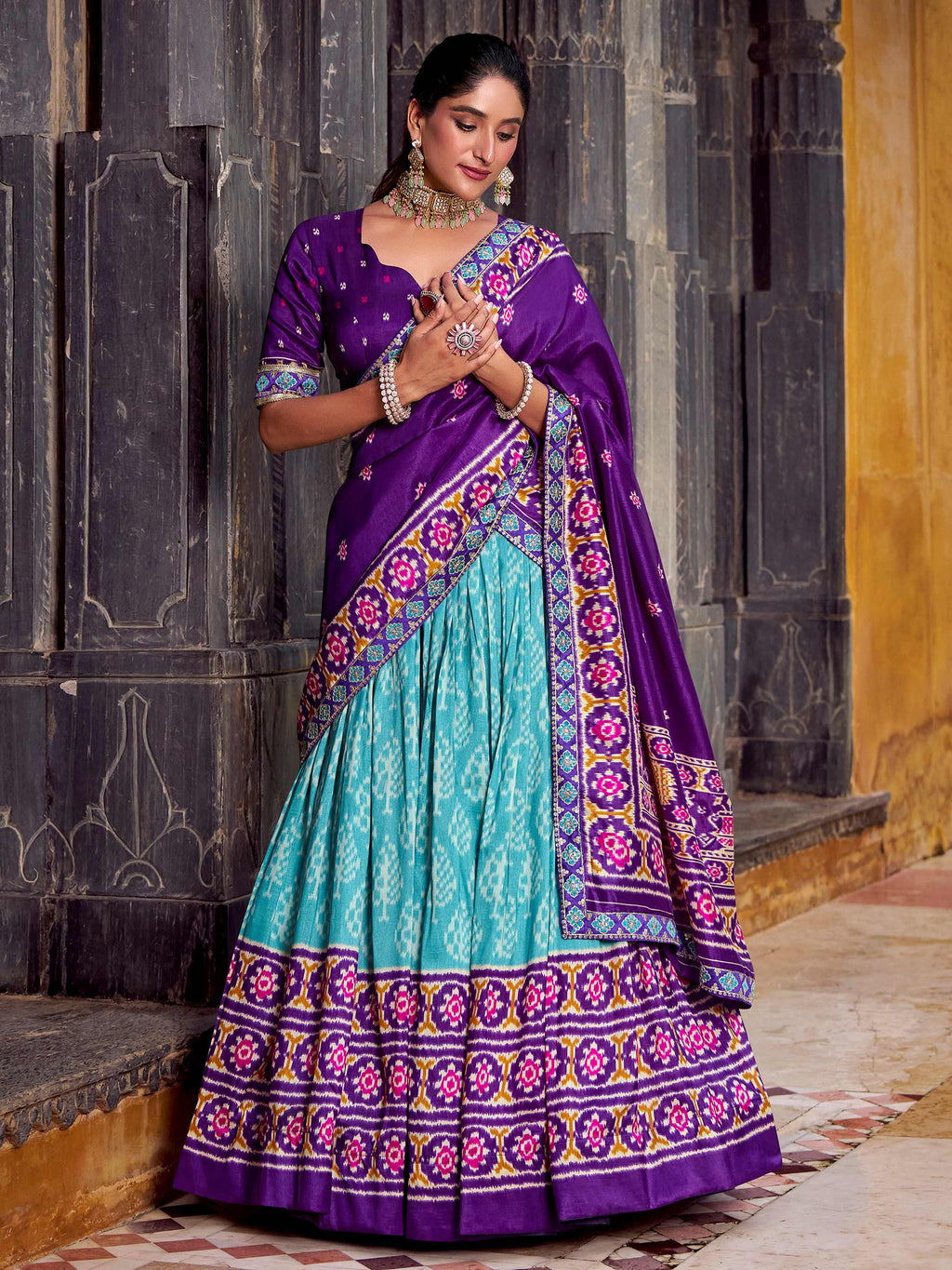 Sky blue silk printed lehenga with sequins thread embroidery and dupatta