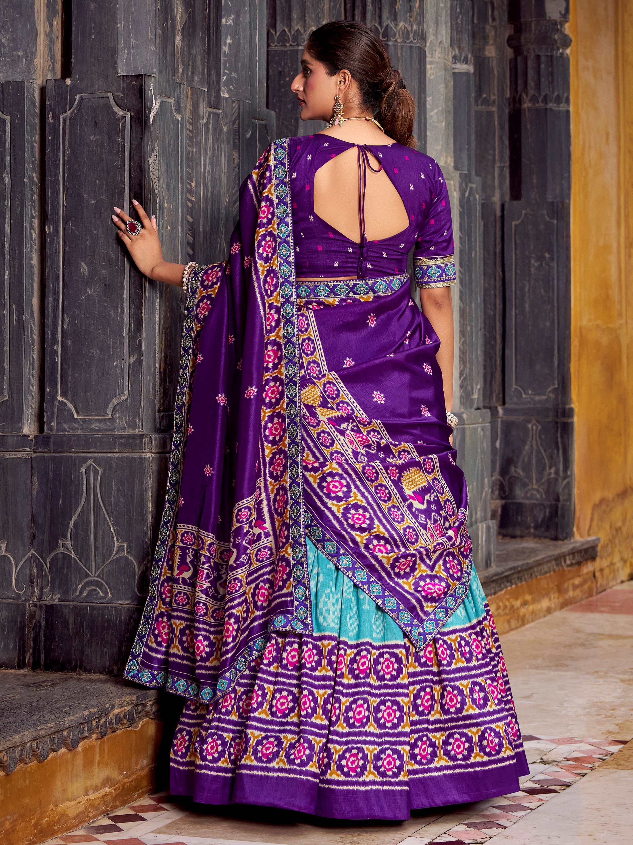 Sky blue silk printed lehenga with sequins thread embroidery and dupatta