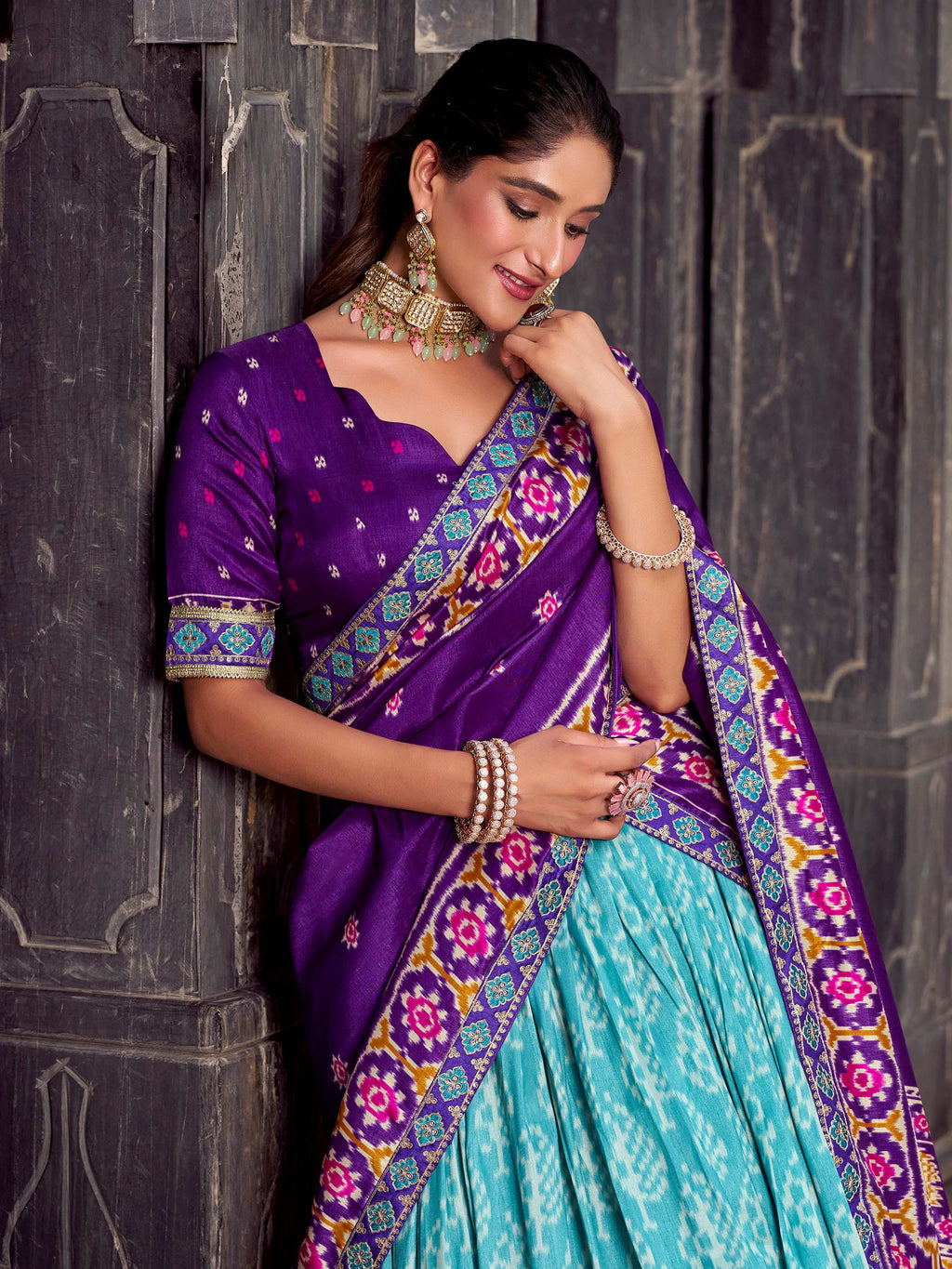 Sky blue silk printed lehenga with sequins thread embroidery and dupatta