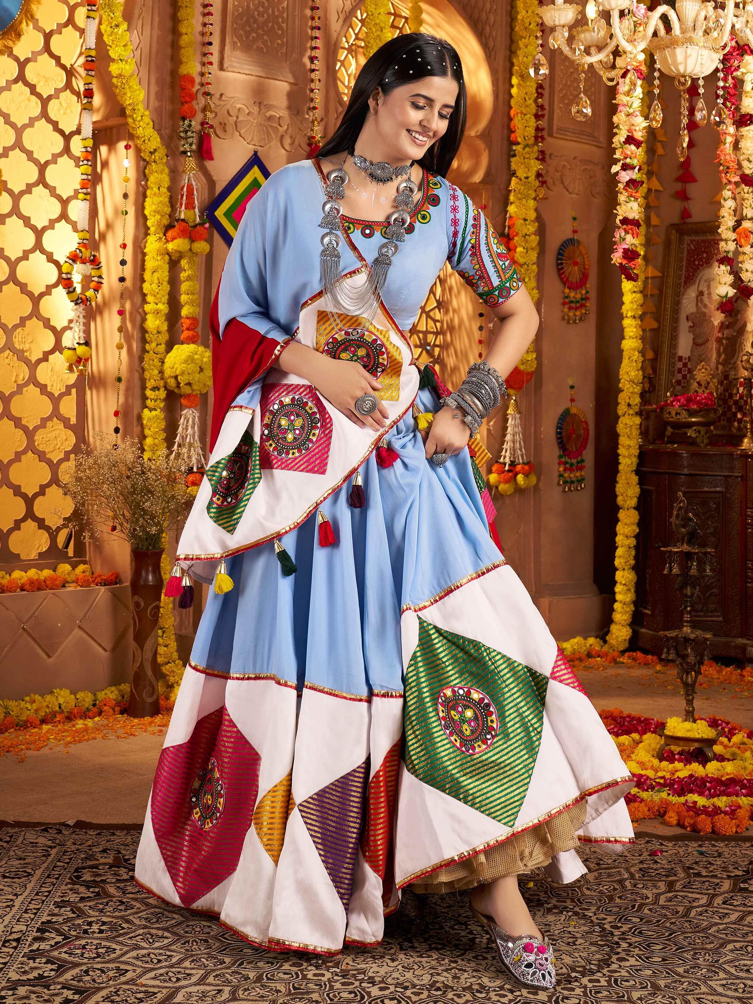 Sky blue viscose cotton thread embroidery Navratri lehenga choli